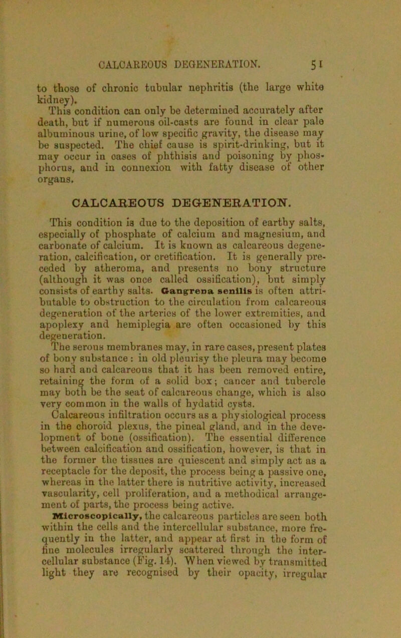 CALCAREOUS DEGENERATION. 5 I to those of chronic tabular nephritis (the large white • condition can only be determined accurately after death, but if numerous oil-casts are found in clear pale albuminous urine, of low specific gravity, the disease may be suspected. The chief cause is spirit-drinking, but it may occur in oases of phthisis and poisoning by phos- phorus, and in connexion with fatty disease of other organs. CALCAREOUS DEGENERATION. This condition is due to the deposition of earthy salts, especially of phosphate of calcium and magnesium, and carbonate of calcium. It is known as calcareous degene- ration, calcification, or cretification. It is generally pre- ceded by atheroma, and presents no bony structure (although it was once called ossification), but simply consists of earthy salts. Gangrena senilis is often attri- butable to obstruction to the circulation from calcareous degeneration of the arteries of the lower extremities, and apoplexy and hemiplegia are often occasioned by this degeneration. The serous membranes may, in rare cases, present plates of bony substance : in old pleurisy the pleura may become so hard and calcareous that it has been removed entire, retaining the form of a solid box; cancer and tubercle may both be the seat of calcareous change, which is also very common in the walls of hydatid cysts. Calcareous infiltration occurs as a physiological process in the choroid plexus, the pineal gland, and in the deve- lopment of bone (ossification). The essential difference between calcification and ossification, however, is that in the former the tissues are quiescent and simply act as a receptacle for the deposit, the process being a passive one, whereas in the latter there is nutritive activity, increased vascularity, cell proliferation, and a methodical arrange- ment of parts, the process being active. Microscopically, the calcareous particles are seen both within the cells and the intercellular substance, more fre- quently in the latter, and appear at first in the form of fine molecules irregularly scattered through the inter- cellular substance (Fig. 14). When viewed by transmitted light they are recognised by their opacity, irregular kidney) This