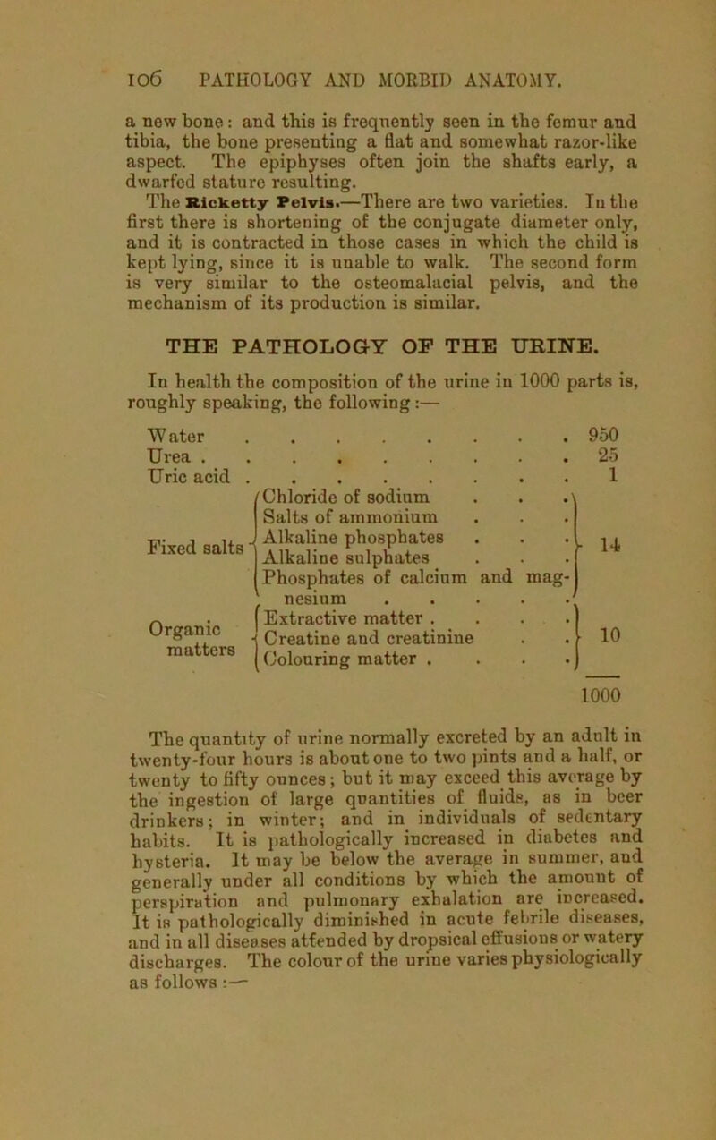 a new bone: and this is frequently seen in the femur and tibia, the bone presenting a flat and somewhat razor-like aspect. The epiphyses often join the shafts early, a dwarfed stature resulting. The Ricketty Pelvis.—There are two varieties. In the first there is shortening of the conjugate diameter only, and it is contracted in those cases in which the child is kept lying, since it is unable to walk. The second form is very similar to the osteomalacial pelvis, and the mechanism of its production is similar. THE PATHOLOGY OF THE URINE. In health the composition of the urine in 1000 parts is, roughly speaking, the following:— Water Urea . Uric acid Fixed salts Organic matters ^Chloride of sodium Salts of ammonium Alkaline phosphates Alkaline sulphates Phosphates of calcium nesium Extractive matter . Creatine and creatinine Colouring matter . and mag 950 25 1 14 10 1000 The quantity of urine normally excreted by an adult in twenty-four hours is about one to two pints and a half, or twenty to fifty ounces; but it may exceed this average by the ingestion of large quantities of fluids, as in beer drinkers; in winter; and in individuals of sedentary habits. It is pathologically increased in diabetes and hysteria. It may be below the average in summer, and generally under all conditions by which the amount of perspiration and pulmonary exhulation are increased. It is pathologically diminished in acute febrile diseases, and in all diseases atfended by dropsical effusions or watery discharges. The colour of the urine varies physiologically as follows:—