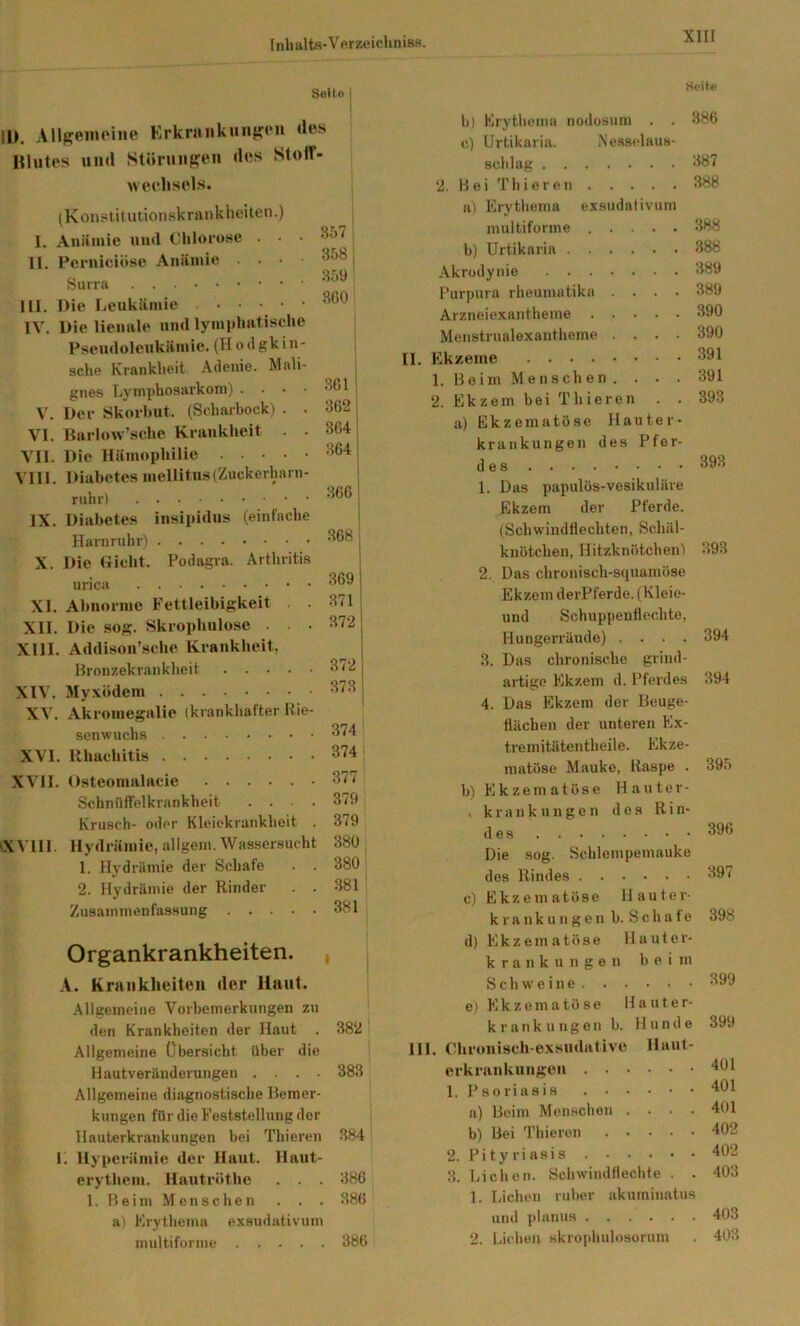 Sei I o i 11). Allfj;empine Krkraiikiiiif?»'» «las Hlutas und Stüniiiffau des Stoll- weelisels. (Konst itut.ionskrankheilen.) I. Anämie und Chlorose . ■ • II. Perniciöse Anämie III. Die lieukämie IV. Die lienale und lymphatische Pseudolenkämie. (H o dgkin- sche Krankheit Adenie. Mali- gnes Lymphosarkom) . . . ■ V. Der Skorhut. (Scharbock) . . VI. Barlow’sche Krankheit . . VII. Die Hämophilie VIII. Diabetes mellitus (Zuckerbarn- ruhr) IX. Diabetes insipidus (einfache Harnruhr) X. Die (licht. Podagra. Arthritis urica XI. Abnorme Fettleibigkeit XII. Die sog. Skrophulose XIII. Addison’sche Krankheit, Bronzekrankheit XIV. Myxödem XV. Akromegalie (krankhafter Bie- senwuchs XVI. llhachitis XVII. Osteomalacie Schnilffelkrankheit .... Krusch- oder Klciekrankheit . X VIII. Hydrämie, allgem. Wassersucht 1. Hydrämie der Schafe . . 2. Hydrämie der Rinder . . Zusammenfassung 357 358 359 3G0 3G1 ! 3621 364; 364; j 366 368 369 371 372 372 373 374 374 377 379 379 380 380 381 381 I Organkrankheiten. A. Kraiiklieiteu der Iluut. .allgemeine Vorbemerkungen zu den Krankheiten der Haut . Allgemeine Übersicht Uber die Hautveränderungen .... Allgemeine diagnostische Bemer- kungen für die Feststellung der llauterkrankungen hei Thieren 1. Hyperämie der Haut. Haut- erythem. Hautröthe . . . 1. B e i m M e n s c h e n . . . Hi Krythema exsudativum multiforme 382 383 384 386 386 386 388 388 389 389 390 390 391 391 393 Seite h) Krythcma nodosum . . 386 c) Urtikaria. .Nesstdaus- schlag 387 2. B e i T h i e r 0 n 388 a) Erythema exsudativum multiforme ..... h) Urtikaria Akrodynie Purpura rheumatika .... Arzneiexanthenie Menstrualexantheme .... II. Ekzeme 1. BeimMensclien. . . . 2. Ekzem hei Thieren . . a) Ekzematöse Hauter- krankungen des Pfer- des 1. Das papulös-vesikuläre Ekzem der Pferde. (Schwindtlechten, Schäl- knötchen, Hitzknötchen) 2. Das chroniscli-stiuamöse Ekzem derPferde. (Kleie- und Schuppenllcchte, Hungerräude) .... 3. Das chronische grind- artige Ekzem d. Pferdes 4. Das Ekzem der Beuge- tlächen der unteren Ex- tremitätentheile. Ekze- matöse Mauke, Raspe . h) Ekzematöse Häuter- , kr an k u n g e n dos Ri n- d es Die sog. Schlempemauke des Rindes c) Ekzematöse Hauter- krank u u g e n h. S c h a f e d) Ekzematöse Hautcr- k r a n k u n g e n beim Schweine o) Ekzematöse Häuter krankungeu h. Hunde III. Chiouisch-exsudnlive Haut erkninkuugeu 1. Psoriasis a) Beim MeiiHchen . . . b) Bei Thieren .... 2. P i t y r i a s i 3. Lichen. Schwindtlechte . 1. Lichen ruber akumiuatu und planus 2. Lichen skrophulosorum 393 393 394 394 395 396 397 398 399 399 401 401 401 402 402 403 403 403