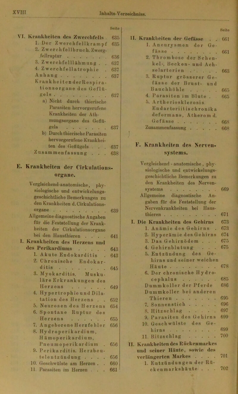 Seite VT. Kianklioiten des Zwerclifells . 635 1. Der ZwerchfellkraiTipf 635 2. Z'V erch fel 11)r ucli. Zwerg- fellruptur 636 3. Zwerclifelllälimung . . 637 4. Zwerchfell atrophie . 637 Anhang 637 Krankheiten derllespi ra- tions Organe dos Ge fin- ge la 637 a) Nicht durch thierischo Parasiten hervorgerufenc Krankheiten der Ath- niungsorgano des Geflü- gels 637 b) Durch th ierische I^arasiten hervorgerufene Krankhei- ten des Geflügels . . . 637 Zusammenfassung . . . 638 E. Krankheiten der Cirkiilntions- orgaiie. V ergleichend-anatomische, phy- siologische und entwickelungs- geschichtliche Bemerkungen zu den Krankheiten d. Cirkulations- organe 639 Allgemeine diagnostische Angaben für die Feststellung der Krank- heiten der Cirkulationsorgane bei den Hausthieren .... 641 Krankheiten des Herzens und des Perikardinras 643 1. Akute Endokarditis 643 2. Chronische Endokar- ditis 645 3. Myokarditis. Musku- Ihre Erkrankungen des Herzens 649 4. H y p e r t r 0 p h i e u n d D i 1 a- tation des Herzens . . 652 5. Neurosen des Herzens 654 6. Spontane Ruptur des Herzens 655 7. Angeborene Herzfehler 656 8. Hydroperikardium, Hämoperikardium, P n e u m 0 p e r i k a r d i u m 656 9. Perikarditis. Herzbeu- telen tz Und ung .... 656 10. Geschwülste am Herzen . . 660 11. Parasiten im Herzen . . . 661 Seite II. Krankhoiten der Gefässe . . 661 1. Aneurysmen der Ge- fässe 661 2. Thrombose der Schen- kel-, Becken-und Ach- selarterien . ' . . . . 663 3. Ruptur grösserer Ge- fässe der Brust- und Bauchhöhle 665 4. Parasiten im Blute . 665 5. Artheriosklerosis. Endarteriitischronika deformans, Atherom d. Gefässe 668 Zusammenfassung 668 F. Krankheiten des Nerven- systems. Vergleichend - anatomische , phy- siologische und entwickelungs- geschichtliche Bemerkungen zu den Krankheiten des Nerv’en- systems 669 Allgemeine diagnostische An- gaben für die Feststellung der Nervenkrankheiten bei Haus- thieren 671 I. Die Krankheiten des Gehirns 673 1. Anämie des Gehirns . 673 2. Hyperämie des Gehirns 674 3. Das Gehirnödem . . . 675 4. Gehirnblutung . . . 675 5. Entzündung des Ge- hirns und seiner weichen Häute 678 6. Der chronische Hydro- cephalus 685 Dummkoller der Pferde 686 Dummkoller bei anderen Thieren 695 7. Sonnenstich 696 8. Hitzschlag 697 9. Parasiten des Gehirns 699 10. Geschwülste des Ge- hirns 699 11. Bitzschlag 700 II. Krankheitendes Rückenmarkes und seiner Hänte, sowie des verlängerten Markes .... 701 1. Pintzündungen der Rü- ckenmarkshäute . . . 702