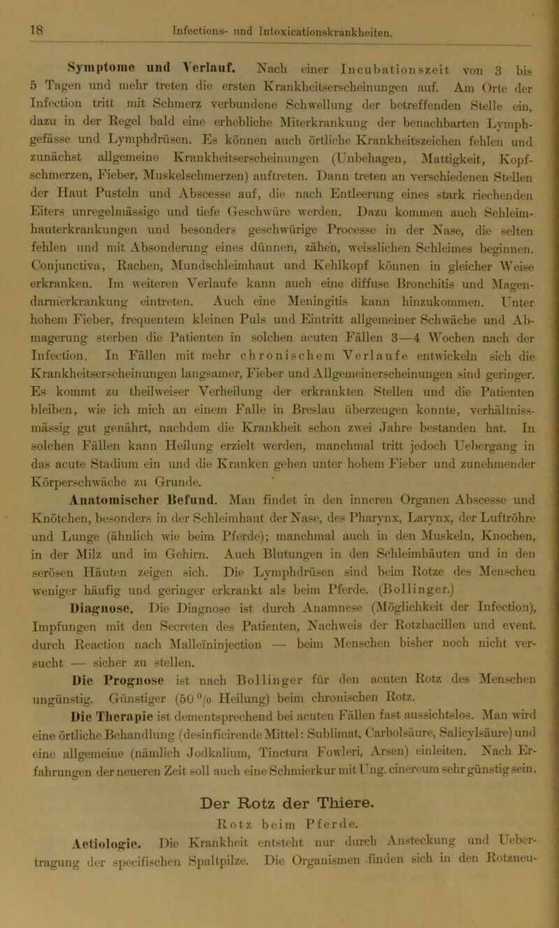 Symptome und A erlauf. Nach einer Incubationszeit von 3 bis 5 Tagen und mehr treten die ersten Krankheitserscheimingen auf. Am Orte der Infection tritt mit Schmerz verbundene Schwellung der betreffenden Stelle ein, dazu in der Regel bald eine erhebliche Aliterkrankung der benachbarten Lymph- gefässe und Lyinphdrü.sen. Es können auch örtliche Krankheitszeichen fehlen und zunächst allgemeine Krankheitserscheinungen (Unbehagen, ^Mattigkeit, Kopf- schmerzen, Fieber, Muskelschmerzen) auftreten. Dann treten an verschiedenen Stellen der Haut Pusteln und Abscesse auf, die nach Entleerung eines stark riechenden Eiters unregelmässige und tiefe Geschwüre werden. Dazu kommen auch Schleim- hauterkrankungeu und besonders geschwürige Processe in der Käse, die selten fehlen und mit Absonderung eines dünnen, zähen, weisslichen Schleimes beginnen. Conjunctiva, Rachen, Alundschleimhaut und Kehlkopf können in gleicher Weise erkranken. Im weiteren Verlaufe kann auch eine diffuse Bronchitis und Magen- dariherkrankung eintreten. Auch eine Meningitis kann hinzukommen, lauter hohem Fieber, frequentem kleinen Puls und Eintritt allgemeiner Schwäche und Ab- magerung sterben die Patienten in solchen acuten Fällen 3—4 Wochen nach der Infection. In Fällen mit mehr chronischem Verlaufe entwickeln sich die Krankheitserscheinungen langsamer, Fieber und Allgemeinerscheinungen sind geringer. Es kommt zu theilw-eiser Verheilung der erkrankten Stellen und die Patienten bleiben, wie ich mich an einem Falle in Breslau überzeugen konj)te, verhältniss- mässig gut genährt, nachdem die Krankheit schon zwei Jahre bestanden hat. In solchen Fällen kann Heilung erzielt w'erden, manchmal tritt jedoch Uebergang in das acute Stadium ein und die Kranken gehen unter hohem Fieber und zunehmender Körperschwäche zu Grunde, Anatomischer Befund. Man findet in den inneren Organen Abscesse und Knötchen, besonders in der Schleimhaut der Käse, des Pharynx, Larynx, der Luftröhre und Lunge (ähnlich wie beim Pferde); manchmal auch in den Aluskeln, lOiochen, in der Milz und im Gehirn. Auch Blutungen in den Schleimhäuten und in den serösen Häuten zeigen sich. Die Lymphdrüsen sind beim Rotze des Alenschen Aveuiger häufig und geringer erkrankt als beim Pferde. (Bollinger.) Diagnose. Die Diagnose ist durch Anamnese (Möglichkeit der Infection), Impfungen mit den Secreten des Patienten, Kachweis der Rotzbacillen und event. durch Reaction nach IMalleininjection — beim Alenschen bisher noch nicht A^er- sucht — sicher zu stellen. Die Prognose ist nach Bollinger für den acuten Rotz des Alenschcn ungünstig. Günstiger (50 “/o Ileilmig) beim chronischen Rotz. Die Therjipie ist dementsprechend bei acuten Fällen fast aussichtslos. Man Avird eine örtliche Behandlung (desinficirende Alittel: Sublimat, Carbolsäure, Salicylsäure)und eine allgemeine (nämlich Jodkalium, Tinctura Fowleri, Arsen) einleiten. Kach Lr- fidmingen der neueren Zeit soll auch eine vSchmierkur mit I ng. cinereum sehr günstig sein. Der Rotz der Thiere. Rotz beim Pferde, AetitJogie. Die Krankheit entsteht nur durch Ansteckung und Ueber- tragung der specifischen Spaltpilze. Die Orgtinismen finden sich in den Rotzneu-