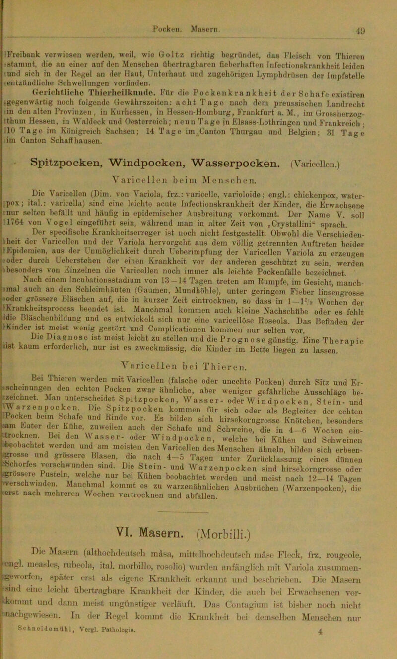Focken. Masern, iFreibank verwiesen werden, weil, wie Goltz richtig begründet, das Fleisch von Thieren 'Stammt, die an einer auf den Menschen übertragbaren fieberhaften Infectionskrankheit leiden iund sich in der Regel an der Haut, Unterhaut und zugehörigen Lymphdrüscn der Impfstelle ■ entzündliche Schwellungen vorfinden. tTeriehtliehe Tliierheilkuiule. Für die Pockenk ra nk hei t der Schafe existiren »gegenwärtig noch folgende Gewährszoiten: acht Tage nach dem preussischen Landrecht in den alten Provinzen , in Kurhessen, in Hessen-Homburg, Frankfurt a. M., im Grossherzog- tthum Hessen, in Waldeck und Oesterreich; neun Tage in Elsass-Lothringen und Frankreich • 110 Tage im Königreich Sachsen; 14 Tage im^Canton Thurgau und Helgien; 81 Tage ;ini Canton Schaff hausen. Spitzpocken, Windpocken, Wasserpocken. (VLuicellon.) Varicellen beim INTen.schen. Die Varicellen (Dim. von Variola, frz.: varicelle, varioloide; engl.: chickenpox, water- {pox; itnl.: varicella) sind eine leichte acute Infectionskrankheit der Kinder, die Erwachsene ’.nur selten befällt und häufig in epidemischer Ausbreitung vorkommt. Der Name V. soll ;1764 von Vogel eingeführt sein, während man in alter Zeit von „Crystallini“ sprach. Der specifische Krankheitserreger ist noch nicht festgestellt. Obwohl die Verschieden- bheit der Varicellen und der Variola hervorgellt aus dem völlig getrennten Auftreten beider .»■Epidemien, aus der Unmöglichkeit durch Ueberimpfung der Varicellen Variola zu erzeugen ,'oder durch Ueberstehen der einen Krankheit vor der anderen geschützt zu sein, werden bbesonders von Einzelnen die Varicellen noch immer als leichte Pockenfälle bezeichnet. Nach einem Incubationsstadium von 13-14 Tagen treten am Rumpfe, im Gesicht, manch- nmal auch an den Schleimhäuten (Gaumen, Mundhöhle), unter geringem Fieber linsengrosse •mder grössere Bläschen auf, die in kurzer Zeit eintrocknen, so dass in 1—1','2 Wochen der -'Krankheitsprocess beendet ist. Manchmal kommen auch kleine Nachschübe oder es fehlt .idie Bläschenbildung und es entwickelt sich nur eine varicellöse Roseola. Das Befinden der IKinder ist meist wenig gestört und Complicationen kommen nur selten vor. ^ 0 96 ist meist leicht zu stellen und die P r 0 gn 0 se günstig. EineTherapie üist kaum erforderlich, nur ist es zweckmässig, die Kinder im Bette liegen zu lassen. Varicellen bei Thieren. Bei Thieren werden mit Varicellen (falsche oder unechte Pocken) durch Sitz und Er- .scbemungen den echten Pocken zwar ähnliche, aber weniger gefährliche Ausschläge be- izeichnet. Man untersch eidet S p i t z p 0 c k e n, W a s s e r - oder W i n d p 0 c k e n, S t e i n - und Spitzpocken kommen für sich oder als Begleiter der echten iPocken beim Schafe und Rinde vor. Es bilden sich hirsekorngrosse Knötchen, besonders iam Euter der Kühe, zuweilen auch der Schafe und Schweine, die in 4-6 Wochen ein- 4rocknen Bei den Wasser- oder Windpocken, welche bei Kühen und Schweinen ■beobachtet werden und am meisten den Varicellen des Menschen ähneln, bilden sich erbsen- «rosse und grössere Blasen, die nach 4-5 Tagen unter Zurücklassung eines dünnen Schorfes verschwunden sind. Die Stein - und Warzenpocken sind hirsekomgrosse oder grossere Pusteln welche nur bei Kühen beobachtet werden und meist nach 12—14 Tagen ■verschwinden. Manchmal kommt es zu warzeiiähnlichen Ausbrüchen (Warzenpocken), die (•erst nach mehreren Wochen vertrocknen und abfallen. VI. Masern. (Morbilli.) Die IV[a.<( ni (altlioehdeutseb tml.sa, iiiittellinebdoutseh iiia.se Fleck, frz. rougoole, ■engl, ineasles, nibc*obi, itiil. niorbillo, rosolio) wurden aiifäiiglicb mit Variola zusaninien- .geworfeii, spük-r erst als eigene Krankheit (‘rkannt und besebriobeii. Die Masern '.sbid eine leicht übertragbare Kiinikbeit iler Kinder, die ancli bei Erwacli.«enen vor- skoriiint lind dann meist ungünstiger verläuft. Das Contaginni ist lii.slu*r noch nicht ; nachgt'wiesen. In der Regel koninit die Kranklieit bei demselben Menschen nur } Schneidernühl, Vergl. Pathologie. 4 I