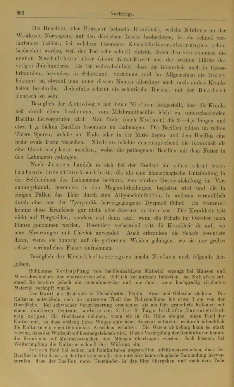 Die Bradsot oder Braasot (.schnelle Krankheit), welche Nielsen au der W estküste Norwegens, auf den diini.sehen Inseln beobachtete, ist ein schnell ver- laufendes Leiden, bei welchem besondere K rajikheitserscb einungen .selten beobachtet werden, weil der Tod sehr schnell eintritt. Nach Jensen slannnen die ersten Nachrichten über diese Krankheit aus der zweiten Hälfte des vorigen Jahrhunderts. Es ist wahrscheinlich, dass die Krankheit auch in Gross- biitannien, besonder.s in Schottland, vorkonnnt und iin Allgemeinen als Braxy bekannt ist, obwohl man unter diesem Namen allerdings auch noch andere Krank- heiten beschreibt. Jedenfalls scheint die .schottische B r a x i mit der Bradsot identisch zu sein. Bezüglich der Aetiologie hat Ivar Nielsen fe.stgestellt, dass die Krank- heit durch einen bestimmten, vom Milzbmndbaeillus leicht zu unterscheidenden Bacillus hervorgerufen wird. Man findet (nach Nielsen) die 2—G fi langen und etwa 1 /ii dicken Bacillen besonders im Labmagen. Die Bacillen bilden im todten Thiere Si>oren, welche am Ende oder in der Mitte liegen und dem Bacillus eine mehr ovale Form verleihen. Nielsen möchte dementsprechend die Krankheit als eine Gastromykose ausehen, wobei die pathogenen Bacillen mit dem Futter in den Labmagen gelangen. Nach Jensen handelt es sich bei der Bradsot um eine akut ver- laufende Infektionskrankheit, die als eine hämorrhagische Entzündung in der Schleimhaut des Labmagens beginnt, von starker Gasentwickelung im Ver- dauungskanal, besonders in den Magenabtheilungen begleitet wird und die in einigen Fällen das Thier durch eine Allgemeininfektion, in anderen vermuthlich durch eine aus der Tympanitis her\wgegangene Dyspnoe tödtet. Im Sommer kommt diese Krankheit gar nicht oder äusserst selten vor. Die Krankheit tritt nicht auf Bergweiden, sondern erst dann auf, wenn die Schafe im Oktober nach Hause genommen werden. Besonders verheerend tritt die Krankheit da auf, wo man Kreuzungen mit Cheviot anwendet. Audi erkranken die Schafe besonders dann, ivenn .sie hungrig auf die gefrorenen Weiden gelangen, w’o sie nur grobes schwer verdauliches Futter aufnehmen. Bezüglich des Krankheitserregers macht Nielsen noch folgende An- gaben. Subkutane Verimpfung von baeillenhaltigem Material erzeugt bei Mäusen und Meerschweinchen eine charakteristische, tödtlich verlaufende Infektion, bei Schafen ent- stand die letztere jedoch nur ausnahmsweise und nur dann, wenn hochgradig virulentes Material verimpft wurde. Der Bacillus lä.sst sich in Flei.schbrlihe, Pepton, Agar und Gelatine züchten. Die Kulturen entwickeln sich im untersten Tlieil des Nährmediums bis etwa 1 cm von der Oberfläche. Bei schivacher Vergrösserung erscheinen sie als fein granulirte Kolonien mit einem dunkleren Centrum, welche am 2. bis 3. Tage lebhafte Gasentwickel- ung zeigen; die Gasbla.sen nehmen, wenn sie in die Höhe steigen, einen Theil der Kultur mit, so dass entlang ihres Weges eine neue Aussaat entsteht, wodurch allmählich die Kulturen ein eigenthümlicbes Aussehen erhalten Die Gasenfwickelung kann so stark werden, dass der Wattepfropf herausgetrieben wird. Durch Verimpfung der Reinkulturen konnte die Krankheit auf Meerschweinchen und Mäusen übertragen werden, doch büs.sten bei Weiterimpfung die Kulturen schnell ihre Wirkung ein. .lensen fand bei seinen mit Reinknituren angestellten Infektionsversuchen, dass der Bacillus im Standeist, an der Tnfektionsstelle eine intensive hämorrhagische Entzündung hervor- zurufen, dass der Bacillus unter Umständen in das Blut übergehen und nach dem Tode