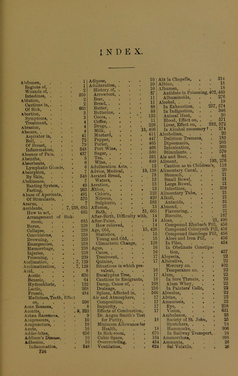 INDEX Abdomen, Regions of, . Wounds of, . Intestines, . Ablution, Cautions in,. Of Sick, Abortion, Symptoms, . Treatment, . Abrasion, Abscess, . Aspirator in, Boil, . Of Breast, . Inflammation, Absence of Pain, Absinthe, Absorbents, Lymphatic Gland A bsorption, By Skin, Abstinence, Banting System, Fasting, Abuse of Aperients Of Stimulants, Acarus, . Accidents, How to act, . Arrangement of room, Burns, Collapse, Convulsions, Drowning, . Emergencies, Haemorrhage, Injuries, Poisoning, . Acclimation, . Acclimatization, Acid, Acetic Benzoic, Hydrochloric, Lactic, , Prussic, Medicines, Teeth on, . Acne Rosacea, Aconite, . Actaea Racemosa, Acupressure, . Acupuncture, . Acute, Adder-bites, Addison’s Disease Adhesion, Inflammation, 728 7, Sic Elfe 1 1 2 359 2 2 663 3 3 4 4 4 41 72 79 348 437 5 6 6 7 548 7 49 263 491 570 7 8, 685 685 685 238 238 238 223 238 238 238 239 7, 129 7, 129 8 630 64 122 268 484 596 8 9, 323 9 10 10 10 656 10 10 848 Adipose, Adulteration, History of, Arrowroot, Beer, . Bread, . Butter, Butterine, Cocoa, . Coffee, . Drugs, . Milk, . Mustard, Pepper, Porter, Port Wine, Sugar, . Tea, . Wine, . Adulteration Acts Advice, Medical, Aerated Bread, Waters, Aeration, ^Etlier, Chloric, Nitrous, Sulphuric, . Affusion, Bath, . After-Birth, Difficulty with, After-Pains, . How relieved, Age, Old, Statistics, . Young and Old, . Climacteric Change, Ague, Cause, . Treatment, . Quinine, Situations in which pr valent, Eucalyptus Tree, Cautions to Emigrant Damp, Cause of, . Drainage, Spleen, Affected in, Air and Atmosphere, Composition, Impurity, Effects of Combustion, Dr. Angus Smith’s Test for Purity, Minimum Allowance for Health, In Sick-room, Cubic Space, Overcrowding, Ventilation, 10 10 10 37 11 11 88 88 132 11 226 3, 406 411 447 465 466 580 591 649 12 3,138 78 13 13 13 123 420 583 13 1, 663 14 14 14 5, 428 Aix la Chapello, . . 314 Albino, . . . • 18 Albumen, ... 18 Antidote in Poisoning, 402,463 276 19 257, 574 . 346 30 . 571 382, 572 574 20 183 205 360 570 63 193, 276 Albuminoids, Alcohol, . In Exhaustion, In Indigestion, Animal Heat, Blood, Effect on, Liver, Effect on, Is Alcohol necessary * Alcoholism, Delirium Tremens, Dipsomania, Intoxication, Stimulants, . Ale and Beer, . Aliment, Caution as to Children’s, 118 Alimentary Canal, . . 20 Stomach, ... 21 Small Bowel, . . 21 Large Bowel, . . 21 Intestines, . . . 359 Alimentary Tube, . . 21 Alkali, .... 21 Antacids, ... 31 Almond, .... 21 Flavouring, ... 21 Biscuits, . . . 187 Aloes, ... 21, 490 Compound Rhubarb Pill, 456 Compound Colocynth Pill, 456 15 Compound Gamboge Pill, 456 15 Aloes and Iron Pill, . 456 128 In Piles, . . . 454 16 In Obstinate Constipa- 16 tion, . . . 457 17 Alopecia, ... 22 17 Alterative, ... 22 Mercury an, . . 402 16 Temperance an, . . 22 17 Alum, .... 22 16 In Sore Throats, . . 22 168 Alum Whey, . . 22 216 In Painters’ Colic, . 22 566 Alveolus, ... 22 17 Alvine, .... 22 17 Amaurosis, ... 22 17 Eye, .... 258 17 Vision, . . . 631 Ambulance, ... 23 18 Society of St. Johu, . 25 Stretchers, ... 24 18 Hammocks,. . . 306 670 In Railway Transport,. 24 164 Amenorrhoea, . . 398 434 Ammonia, ... 26 624 Sal Volatile, . . 26