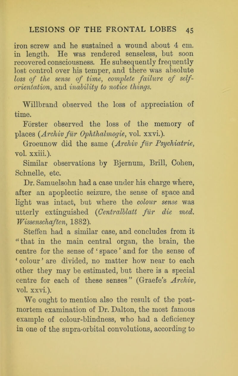 iron screw and he sustained a wound about 4 cm. in length. He was rendered senseless, but soon recovered consciousness. He subsequently frequently lost control over his temper, and there was absolute loss of the sense of time, complete failure of self- orientation, and inability to notice things. Willbrand observed the loss of appreciation of time. Forster observed the loss of the memory of places (Archiv fur Ophthalmogie, vol. xxvi.). Groeunow did the same (Archiv fur Psychiatrie, vol. xxiii.). Similar observations by Bjernum, Brill, Cohen, Schnelle, etc. Dr. Samuelsohn had a case under his charge where, after an apoplectic seizure, the sense of space and light was intact, but where the colour sense was utterly extinguished (Centralblatt fur die med. Wissenschaften, 1882). Steffen had a similar case, and concludes from it “that in the main central organ, the brain, the centre for the sense of ‘ space ’ and for the sense of ‘ colour ’ are divided, no matter how near to each other they may be estimated, but there is a special centre for each of these senses ” (Graefe’s Archiv, vol. xxvi.). We ought to mention also the result of the post- mortem examination of Dr. Dalton, the most famous example of colour-blindness, who had a deficiency in one of the supra-orbital convolutions, according to