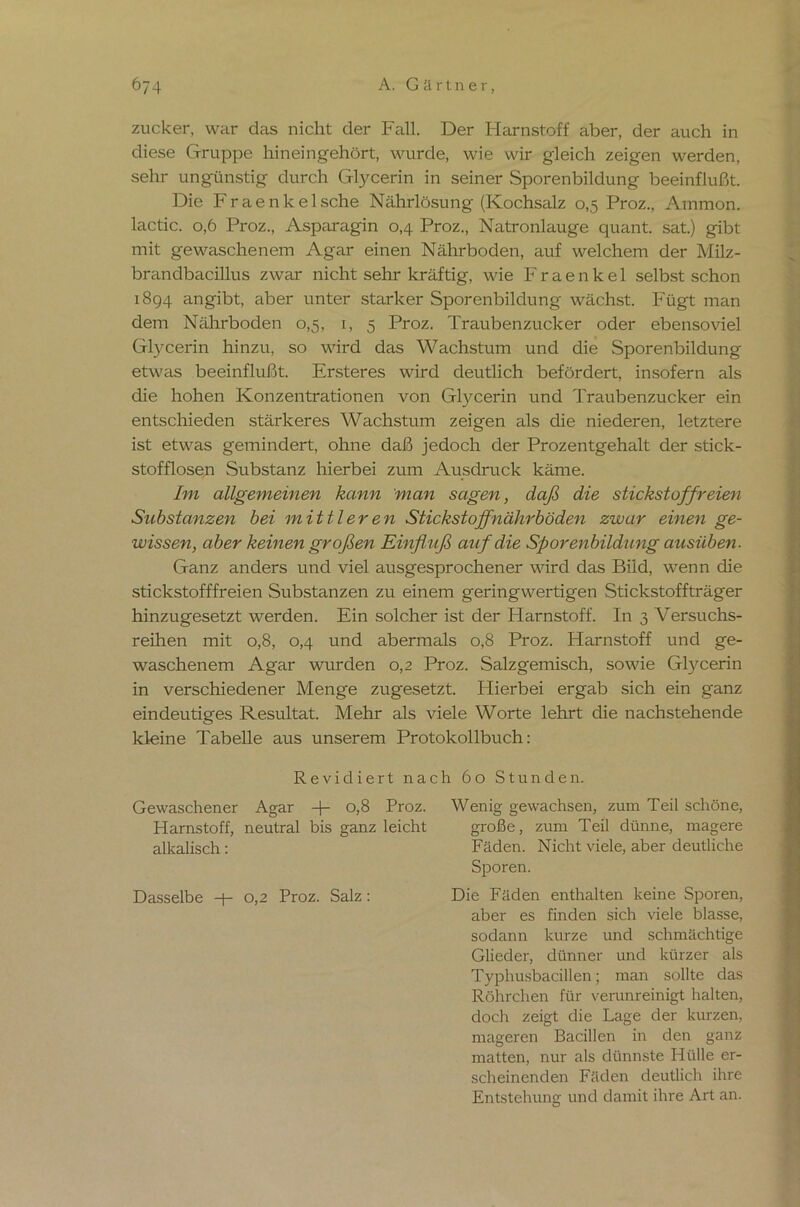 zucker, war das nicht der Fall. Der Harnstoff aber, der auch in diese Gruppe hineingehört, wurde, wie wir gleich zeigen werden, sehr ungünstig durch Glycerin in seiner Sporenbildung beeinflußt. Die Fraenkelsche Nährlösung (Kochsalz 0,5 Proz., Ammon, lactic. 0,6 Proz., Asparagin 0,4 Proz., Natronlauge quant. sat.) gibt mit gewaschenem Agar einen Nährboden, auf welchem der Milz- brandbacillus zwar nicht sehr kräftig, wie Fraenkel selbst schon 1894 angibt, aber unter starker Sporenbildung wächst. Fügt man dem Nährboden 0,5, 1, 5 Proz. Traubenzucker oder ebensoviel Glycerin hinzu, so wird das Wachstum und die Sporenbildung etwas beeinflußt. Ersteres wird deutlich befördert, insofern als die hohen Konzentrationen von Glycerin und Traubenzucker ein entschieden stärkeres Wachstum zeigen als die niederen, letztere ist etwas gemindert, ohne daß jedoch der Prozentgehalt der stick- stofflosen Substanz hierbei zum Ausdruck käme. Im allgemeinen kann man sagen, daß die stickstoffr eien Substanzen bei mittler en Stickstoffnährböden zwar einen ge- wissen, aber keinen großen Einfluß auf die Sporenbildung ausüben. Ganz anders und viel ausgesprochener wird das Bild, wenn die stickstofffreien Substanzen zu einem geringwertigen Stickstoffträger hinzugesetzt werden. Ein solcher ist der Harnstoff. In 3 Versuchs- reihen mit 0,8, 0,4 und abermals 0,8 Proz. Harnstoff und ge- waschenem Agar wurden 0,2 Proz. Salzgemisch, sowie Glycerin in verschiedener Menge zugesetzt. Flierbei ergab sich ein ganz eindeutiges Resultat. Mehr als viele Worte lehrt die nachstehende kleine Tabelle aus unserem Protokollbuch: Revidiert nach 60 Stunden. Gewaschener Agar -f- 0,8 Proz. Harnstoff, neutral bis ganz leicht alkalisch: Dasselbe -+-0,2 Proz. Salz: Wenig gewachsen, zum Teil schöne, große, zum Teil dünne, magere Fäden. Nicht viele, aber deutliche Sporen. Die Fäden enthalten keine Sporen, aber es finden sich viele blasse, sodann kurze und schmächtige Glieder, dünner und kürzer als Typhusbacillen; man sollte das Röhrchen für verunreinigt halten, doch zeigt die Lage der kurzen, mageren Bacillen in den ganz matten, nur als dünnste Hülle er- scheinenden Fäden deutlich ihre Entstehung und damit ihre Art an.