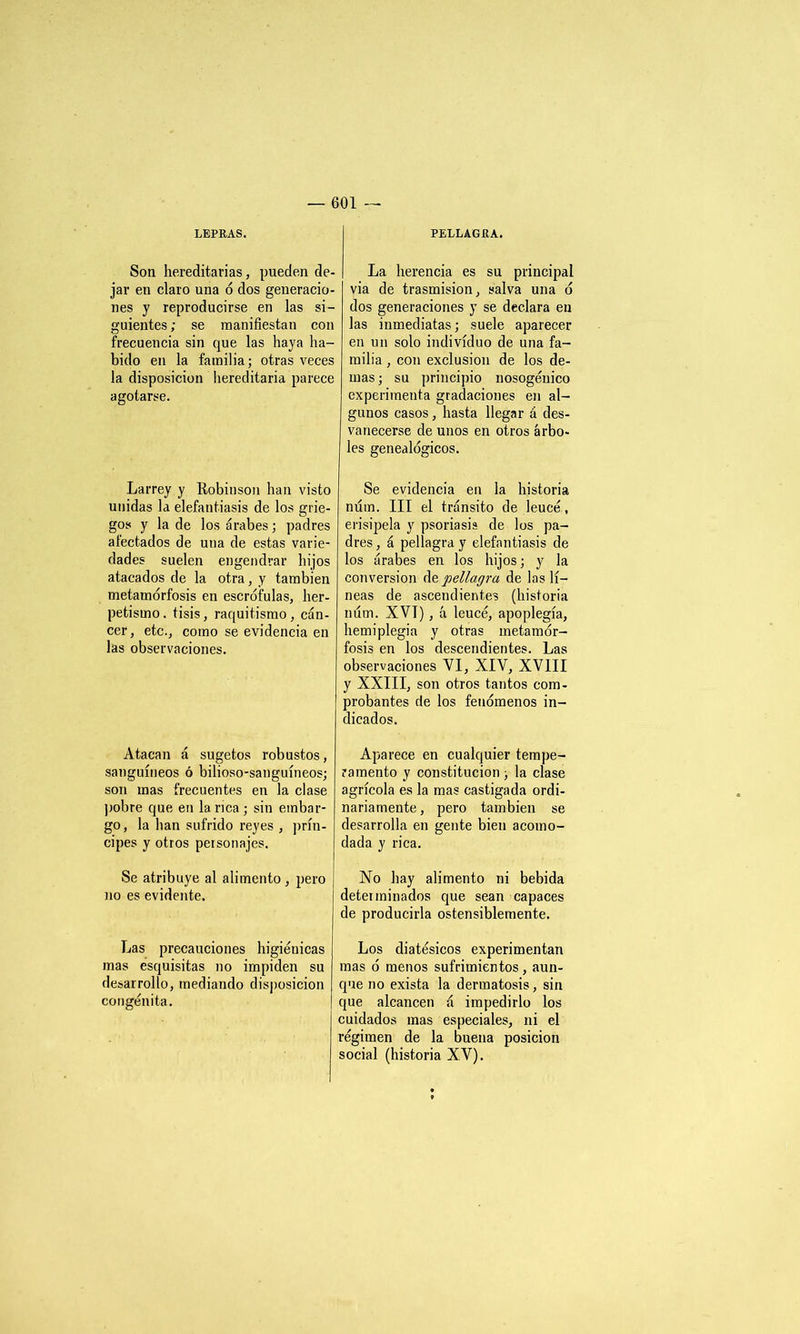 LEPRAS. Son hereditarias, pueden de- jar en claro una ó dos generacio- nes y reproducirse en las si- guientes ; se manifiestan con frecuencia sin que las haya ha- bido en la familia; otras veces la disposición hereditaria parece agotarse. Larrey y Bobinson han visto unidas la elefantiasis de los grie- gos y la de los árabes; padres afectados de una de estas varie- dades suelen engendrar hijos atacados de la otra, y también metamorfosis en escrófulas, her- petismo. tisis, raquitismo, cán- cer, etc., como se evidencia en las observaciones. Atacan á sugetos robustos, sanguíneos ó bilioso-sanguíneos; son mas frecuentes en la clase pobre que en la rica; sin embar- go, la han sufrido reyes , prín- cipes y otros personajes. Se atribuye al alimento , pero no es evidente. Las precauciones higiénicas mas esquisitas no impiden su desarrollo, mediando disposición congénita. PELLAGRA. La herencia es su principal via de trasmisión, salva una ó dos generaciones y se declara en las inmediatas; suele aparecer en un solo individuo de una fa- milia , con exclusión de los de- mas ; su principio nosogénico experimenta gradaciones en al- gunos casos, hasta llegar á des- vanecerse de unos en otros árbo- les genealógicos. Se evidencia en la historia nám. III el tránsito de leucé, erisipela y psoriasis de los pa- dres , á pellagra y elefantiasis de los árabes en los hijos; y la conversión de pellagra de las lí- neas de ascendientes (historia núm. XVI), á leucé, apoplegía, hemiplegia y otras metamor- fosis en los descendientes. Las observaciones VI, XIV, XVIII y XXIII, son otros tantos com- probantes de los fenómenos in- dicados. Aparece en cualquier tempe- ramento y constitución ; la clase agrícola es la mas castigada ordi- nariamente , pero también se desarrolla en gente bien acomo- dada y rica. No hay alimento ni bebida determinados que sean capaces de producirla ostensiblemente. Los diatésicos experimentan mas ó menos sufrimientos, aun- que no exista la dermatosis, sin que alcancen á impedirlo los cuidados mas especiales, ni el régimen de la buena posición social (historia XV).