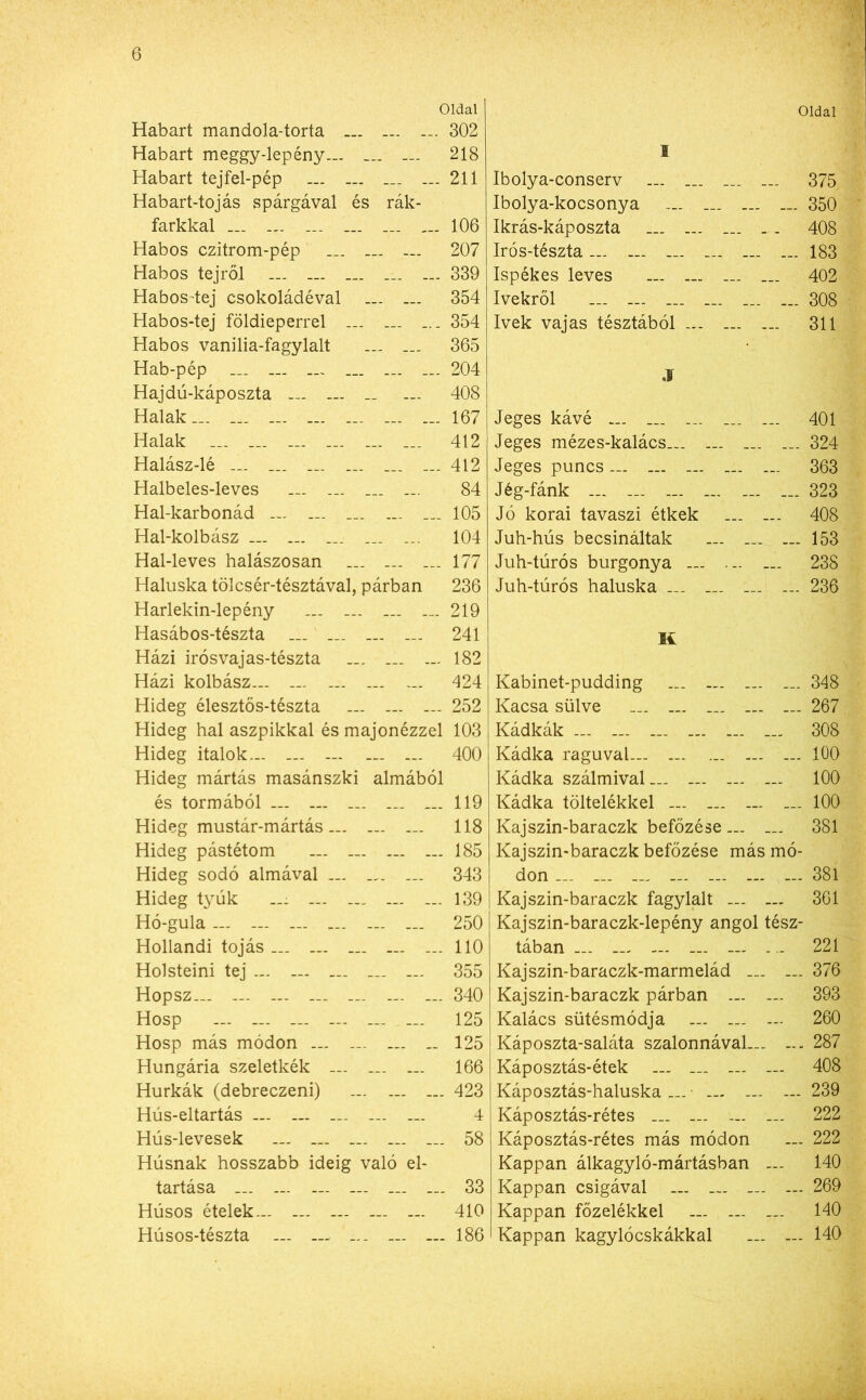 Oldal Habart mandola-torta .. 302 Habart meggy-lepény— ... 218 Habart tejfel-pép ... 211 Habart-tojás spárgával és rák- farkkal ... ... — ... ... ... 106 Habos czitrom-pép — 207 Habos tejről 339 Habos-tej csokoládéval ... — 354 Habos-tej földieperrel ... ... ... 354 Habos vanilia-fagylalt ... ... 365 Hab-pép ... ... __ ... 204 Hajdú-káposzta ... ... __ ... 408 Halak... ... ... ... 167 Halak ... ... ... ... ... 412 Halász-lé ... ... ... ... ... ... 412 Halbeles-leves — ... ... ... 84 Hal-karbonád ... ... ... ... ... 105 Hal-kolbász — ... ... ... ... 104 Hal-leves halászosan ... ... ... 177 Haluska tölcsér-tésztával, párban 236 Harlekin-lepény ... ... 219 Hasábos-tészta ... ... ... ... 241 Házi irósvajas-tészta ... ... ... 182 Házi kolbász— ... ... ... ... 424 Hideg élesztős-tészta 252 Hideg hal aszpikkal és majonézzel 103 Hideg italok 400 Hideg mártás masánszki almából és tormából ... 119 Hideg mustár-mártás... ... ... 118 Hideg pástétom 185 Hideg sodó almával ... ... ... 343 Hideg tyúk ... 139 Hó-gula... - ... ... 250 Hollandi tojás ... ... 110 Holsteini tej ... ... 355 Hopsz... — ... ... 340 Hosp — — — — — ... 125 Hosp más módon — ... .. 125 Hungária szeletkék — ... ... 166 Hurkák (debreczeni) ... ... ... 423 Hús-eltartás — ... ... 4 Hús-levesek 58 Húsnak hosszabb ideig való el- tartása — — — 33 Húsos ételek... — 410 Húsos-tészta ... — 186 Oldal I Ibolya-conserv — ... ... ... 375 Ibolya-kocsonya ... 350 Ikrás-káposzta ... ... ... _ . 408 Irós-tészta — ... — 183 Ispékes leves 402 Ivekről ... ... ... ... ... ... 308 Ivek vajas tésztából ... ... ... 311 .1 Jeges kávé ... ... ... ... 401 Jeges mézes-kalács... — ... ... 324 Jeges puncs ... ... 363 Jég-fánk ... ... - ... 323 Jó korai tavaszi étkek ... ... 408 Juh-hús becsináltak — ... ... 153 Juh-túrós burgonya — - ... 238 Juh-túrós haluska ... ... ... ... 236 K Kabinet-pudding ... 348 Kacsa sülve ... ... 267 Kádkák ... 308 Kádka raguval — 100 Kádka szálmival 100 Kádka töltelékkel — — ... 100 Kajszin-baraczk befőzése... ... 381 Kajszin-baraczk befőzése más mó- don 381 Kajszin-baraczk fagylalt — ... 361 Kajszin-baraczk-lepény angol tész- tában - ... 221 Kajszin-baraczk-marmelád ... ... 376 Kajszin-baraczk párban — — 393 Kalács sütésmódja ... ... — 260 Káposzta-saláta szalonnával... ... 287 Káposztás-étek — ... — — 408 Káposztás-haluska ... • ... — — 239 Káposztás-rétes ... — — ... 222 Káposztás-rétes más módon — 222 Kappan álkagyló-mártásban ... 140 Kappan csigával — 269 Kappan főzelékkel — — ... 140 Kappan kagylócskákkal ... — 140