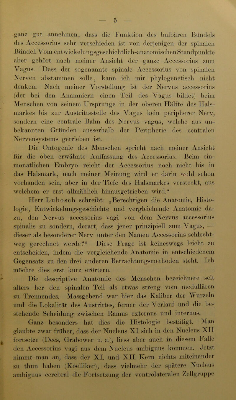 ganz gut annehmen, dass die Funktion des bulbären Bündels des Accessorius sehr verschieden ist von derjenigen der spinalen Bündel. Vom entwickehmgsgeschichtlich-anatomischen Standpunkte aber gehört nach meiner Ansicht der ganze Accessorius zum Vagus. Dass der sogenannte spinale Accessorius von spinalen Nerven abstammen solle, kann ich mir phylogenetisch nicht denken. Nach meiner Vorstellung ist der Nervus accessorius (der bei den Ananmiern einen Teil des Vagus bildet) beim Menschen von seinem Ursprünge in der oberen Hälfte des Hals- markes bis zur Austrittsstelle des Vagus kein peripherer Nerv, sondern eine centrale Bahn des Nervus vagus, welche aus un- bekannten Gründen ausserhalb der Peripherie des centralen Nervensystems getrieben ist. Die Ontogenie des Menschen spricht nach meiner Ansicht für die oben erwähnte Auffassung des Accessorius. Beim ein- monatlichen Embryo reicht der Accessorius noch nicht bis in das Halsmark, nach meiner Meinung wird er darin wohl schon vorhanden sein, aber in der Tiefe des Halsmarkes versteckt, aus welchem er erst allmählich hinausgetrieben wird.“ Herr Luboscli schreibt: „Berechtigen die Anatomie, Histo- logie, Entwickelungsgeschichte und vergleichende Anatomie da- zu, den Nervus accessorius vagi von dem Nervus accessorius spinalis zu sondern, derart, dass jener prinzipiell zum Vagus, — dieser als besonderer Nerv unter den Namen Accessorius schlecht- weg gerechnet werde?“ Diese Frage ist keineswegs leicht zu entscheiden, indem die vergleichende Anatomie in entschiedenem Gegensatz zu den drei anderen Betrachtungsmethoden steht. Ich möchte dies erst kurz erörtern. Die descriptive Anatomie des Menschen bezeichnete seit alters her den spinalen Teil als etwas streng vom medullären zu Trennendes. Massgebend war hier das Kaliber der Wurzeln und die Lokalität des Austrittes, ferner der Verlauf und die be- stehende Scheidung zwischen Ramus externus und internus. Ganz besonders hat dies die Histologie bestätigt. Man glaubte zwar früher, dass der Nucleus XI sich in den Nucleus XII fortsetze (Dees, Grabower u. a.), liess aber auch in diesem Falle den Accessorius vagi aus dem Nucleus ambiguus kommen. Jetzt nimmt man an, dass der XI. und XII. Kern nichts miteinander zu thun haben (Koelliker), dass vielmehr der spätere Nucleus ambiguus cerebral die Fortsetzung der ventrolateralen Zellgruppe