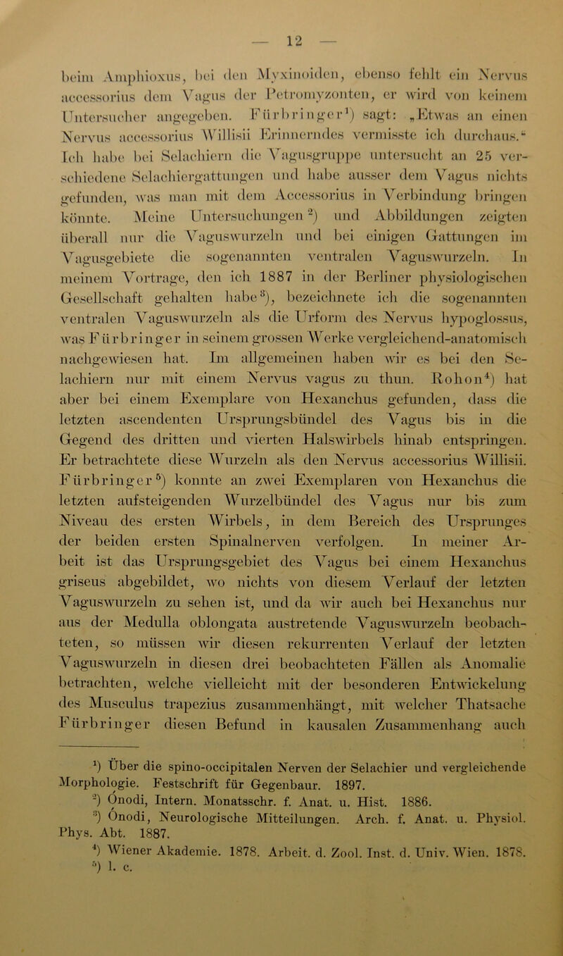 beim Amphioxus, bei den Myxinoiden, ebenso fehlt ein Nervus accessorius dem Vagus der Petro myzonten, er wird von keinem Untersucher angegeben. Fiirb ringer1) sagt: „Etwas an einen Nervus accessorius Willisii Erinnerndes vermisste ich durchaus.“ Ich habe bei Selachieru die Vagusgruppe untersucht an 25 ver- schiedene Selachiergattungen und habe ausser dem Vagus nichts gefunden, was man mit dem Accessorius in Verbindung bringen könnte. Meine Untersuchungen2 *) und Abbildungen zeigten überall nur die Vaguswurzeln und bei einigen Gattungen im Vagusgebiete die sogenannten ventralen Vaguswurzeln. In meinem Vortrage, den ich 1887 in der Berliner physiologischen Gesellschaft gehalten habe8), bezeichnete ich die sogenannten ventralen Vaguswurzeln als die Urform des Nervus hypoglossus, was Fürbringer in seinem grossen Werke vergleichend-anatomisch nachgewiesen hat. Im allgemeinen haben wir es bei den Se- lachiern nur mit einem Nervus vagus zu thun. R o h o n4) hat aber bei einem Exemplare von Hexanchus gefunden, dass die letzten ascendenten Ursprungsbündel des Vagus bis in die Gegend des dritten und vierten Halswirbels hinab entspringen. Er betrachtete diese Wurzeln als den Nervus accessorius Willisii. Für bring er5) konnte an zwei Exemplaren von Hexanchus die letzten auf steigenden Wurzelbündel des Vagus nur bis zum Niveau des ersten Wirbels, in dem Bereich des Ursprunges der beiden ersten Spinalnerven verfolgen. In meiner Ar- beit ist das Ursprungsgebiet des Vagus bei einem Hexanchus griseus abgebildet, wo nichts von diesem Verlauf der letzten Vaguswurzeln zu sehen ist, und da wir auch bei Hexanchus nur aus der Medulla oblongata austretende Vaguswurzeln beobach- teten, so müssen wir diesen rekurrenten Verlauf der letzten Vaguswurzeln in diesen drei beobachteten Fällen als Anomalie betrachten, welche vielleicht mit der besonderen Entwickelung des Musculus trapezius zusammenhängt, mit welcher Thatsache Fiirbringer diesen Befund in kausalen Zusammenhang auch b Über die spino-occipitalen Nerven der Selachier und vergleichende Morphologie. Festschrift für Gegenbaur. 1897. -) Onodi, Intern. Monatsschr. f. Anat. u. Hist. 1886. ') Onodi, Neurologische Mitteilungen. Arch. f. Anat. u. Physiol. Phys. Abt. 1887. 4) Wiener Akademie. 1878. Arbeit, d. Zool. Inst. d. Univ. Wien. 1878. ö) 1. c.
