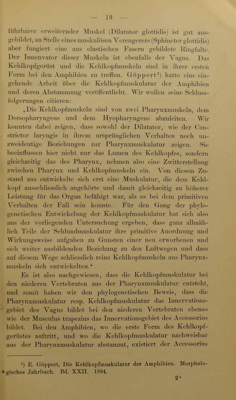 fiihrbarer erweiternder Muskel (Dilatator glottidis) ist gut aus- gebildet, an Stelle eines muskulösen Verengerers (Sphincter glottidis) aber fungiert eine aus elastischen Fasern gebildete Ringfalte. Der Innenvator dieser Muskeln ist ebenfalls der Vagus. Das Kehlkopfgerüst und die Kehlkopfmuskeln sind in ihrer ersten Form bei den Amphibien zu treffen. Göppert1) hatte eine ein- gehende Arbeit über die Kehlkopfmuskulatur der Amphibien und deren Abstammung veröffentlicht. Wir wollen seine Schluss- folgerungen eitleren: „Die Kehlkopfmuskeln sind von zwei Pharynxmuskeln, dem Dorsopharyngeus und dem Hyopharyngeus abzuleiten. Wir konnten dabei zeigen, dass sowohl der Dilatator, wie der Con- strictor laryngis in ihrem ursprünglichen Verhalten noch un- zweideutige Beziehungen zur Pharynxmuskulatur zeigen. Sie beeinflussen hier nicht nur das Lumen des Kehlkopfes, sondern gleichzeitig das des Pharynx, nehmen also eine Zwitterstellung zwischen Pharynx und Kehlkopfmuskeln ein. Von diesem Zu- stand aus entwickelte sich erst eine Muskulatur, die dem Kehl- kopf ausschliesslich angehörte und damit gleichzeitig zu höherer Leistung für das Organ befähigt war, als es bei dem primitiven Verhalten der Fall sein konnte. Für den Gang der phylo- genetischen Entwickelung der Kehlkopfmuskulatur hat sich also aus der vorliegenden Untersuchung ergeben, dass ganz allmäh- lich Teile der Schlundmuskulatur ihre primitive Anordnung und Wirkungsweise aufgaben zu Gunsten einer neu erworbenen und sich weiter ausbildenden Beziehung zu den Luftwegen und dass auf diesem Wege schliesslich reine Kehlkopfmuskeln aus Pharynx- muskeln sich entwickelten.“ Es ist also nachgewiesen, dass die Kehlkopfmuskulatur bei den niederen Vertebraten aus der Pharynxmuskulatur entsteht, und somit haben wir den phylogenetischen Beweis, dass die Pharynxmuskulatur resp. Kehlkopfmuskulatur das Innervations- gebiet des Vagus bildet bei den niederen Vertebraten ebenso wie der Musculus trapezius das Innervationsgebiet des Accessorius bildet. Bei den Amphibien, wo die erste Form des Kehlkopf- geriistes auf tritt, und wo die Kehlkopfmuskulatur nachweisbar aus der Pharynxmuskulatur abstammt, existiert der Accessorius *) E. Göppert, Die Kehlkopfmuskulatur der Amphibien. Morpholo- gisches Jahrbuch. Bd. XXII. 1894. 2*