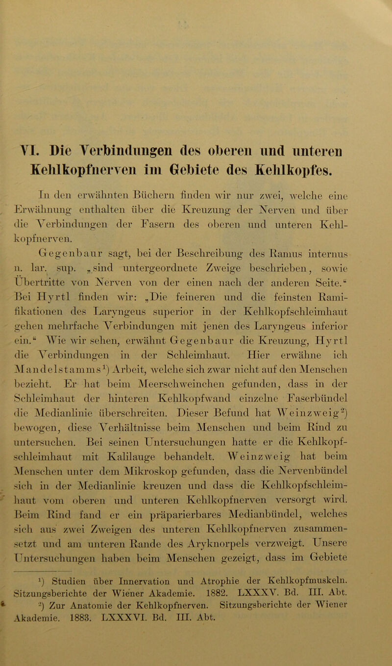 Kelilkopfnerven im Gebiete des Kehlkopfes. In den erwähnten Büchern finden wir nur zwei, welche eine Erwähnung enthalten über die Kreuzung der Nerven und über die Verbindungen der Fasern des oberen und unteren Kehl- kopfnerven. Gegenbaur sagt, bei der Beschreibung des Ramus internus n. lar. sup. „sind untergeordnete Zweige beschrieben, sowie Übertritte von Nerven von der einen nach der anderen Seite.“ Bei Hyrtl finden wir: „Die feineren und die feinsten Rami- fikationen des Laryngeus superior in der Kehlkopfschleimhaut gehen mehrfache Verbindungen mit jenen des Laryngeus inferior ein.“ Wie wir sehen, erwähnt Gegenbaur die Kreuzung, Hyrtl die Verbindungen in der Schleimhaut. Hier erwähne ich Ma ndelstamms1) Arbeit, ivelche sich zwar nicht auf den Menschen bezieht. Er hat beim Meerschweinchen gefunden, dass in der Schleimhaut der hinteren Kehlkopf wand einzelne Faserbündel die Medianlinie überschreiten. Dieser Befund hat Weinzweig2) bewogen, diese Verhältnisse beim Menschen und beim Rind zu untersuchen. Bei seinen Untersuchungen hatte er die Kehlkopf- schleimhaut mit Kalilauge behandelt. Weinzweig hat beim Menschen unter dem Mikroskop gefunden, dass die Nervenbündel sich in der Medianlinie kreuzen und dass die Kehlkopfschleim- haut vom oberen und unteren Kehlkopfnerven versorgt wird. Beim Rind fand er ein präparierbares Medianbündel, welches sich aus zwei Zweigen des unteren Kehlkopfnerven zusammen- setzt und am unteren Rande des Aryknorpels verzweigt. Unsere Untersuchungen haben beim Menschen gezeigt, dass im Gebiete *) Studien über Innervation und Atrophie der Kehlkopfmuskeln. Sitzungsberichte der Wiener Akademie. 1882. LXXXV. Bd. III. Abt. -) Zur Anatomie der Kehlkopfnerven. Sitzungsberichte der Wiener Akademie. 1888. LXXXVI. Bd. III. Abt.