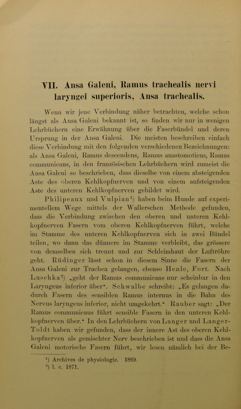 laryngei superioris, Ansa trachealis. Wenn wir jene Verbindung näher betrachten, welche schon längst als Ansa Galeni bekannt ist, so finden wir nur in wenigen Lehrbüchern eine Erwähnung über die Faserbündel und deren Ursprung in der Ansa Galeni. Die meisten beschreiben einfach diese Verbindung mit den folgenden verschiedenen Bezeichnungen: als Ansa Galeni, Ramus descendens, Ramus anastomoticus, Ramus communicans, in den französischen Lehrbüchern wird zumeist die Ansa Galeni so beschrieben, dass dieselbe von einem absteigenden Aste des oberen Kehlkopfnerven und von einem aufsteigenden Aste des unteren Kehlkopfnerven gebildet wird. Philipeaux und Vulpian1) haben beim Hunde auf experi- mentellem Wege mittels der Wallerschen Methode gefunden, dass die Verbindung zwischen den oberen und unteren Kehl- kopfnerven Fasern vom oberen Kehlkopfnerven führt, welche im Stamme des unteren Kehlkopfnerven sich in zwei Bündel teilen, wo dann das dünnere im Stamme verbleibt, das grössere von demselben sich trennt und zur Schleimhaut der Luftröhre geht. Rüdinger lässt schon in diesem Sinne die Fasern der Ansa Galeni zur Trachea gelangen, ebenso Henle, Fort. Nach Luschka2) „geht der Ramus communicans nur scheinbar in den Laryngeus inferior über“. Schwalbe schreibt: „Es gelangen da- durch Fasern des sensiblen Ramus internus in die Bahn des Nervus laryngeus inferior, nicht umgekehrt.“ Räuber sagt: „Der Ramus communicaus führt sensible Fasern in den unteren Kehl- kopfnerven über.“ In den Lehrbüchern von Langer und Langer- Toldt haben wir gefunden, dass der innere Ast des oberen Kehl- kopfnerven als gemischter Nerv beschrieben ist und dass die Ansa Galeni motorische Fasern führt, wir lesen nämlich bei der Be- *) Archives de physiologie. 1869. 2) 1. c. 1871.