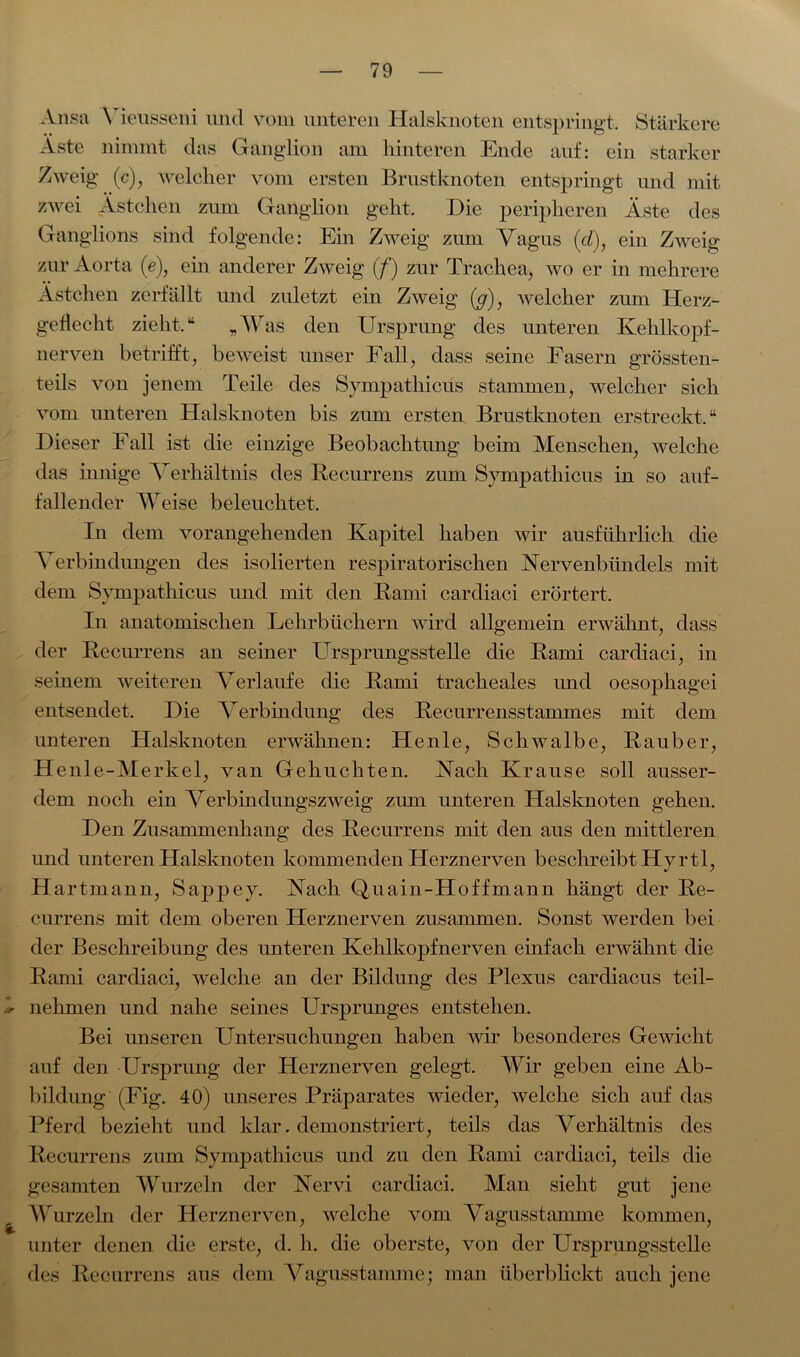 Alisa Vieusseni und vom unteren Halsknoten entspringt. Stärkere Aste nimmt das Ganglion am hinteren Ende auf: ein starker Zweig (c), welcher vom ersten Brustknoten entspringt und mit zwei Ästchen zum Ganglion geht. Die peripheren Äste des Ganglions sind folgende: Ein Zweig zum Vagus (d), ein Zweig zur Aorta (<?), ein anderer Zweig (f) zur Trachea, wo er in mehrere Ästchen zerfallt und zuletzt ein Zweig (g), welcher zum Herz- geflecht zieht.“ „Was den Ursprung des unteren Kehlkopf- nerven betrifft, beweist unser Fall, dass seine Fasern grössten- teils von jenem Teile des Sympathicus stammen, welcher sich vom unteren Halsknoten bis zum ersten Brustknoten erstreckt.“ Dieser Fall ist die einzige Beobachtung beim Menschen, welche das innige Verhältnis des Recurrens zum Sympathicus in so auf- fallender Weise beleuchtet. In dem vorangehenden Kapitel haben wir ausführlich die Verbindungen des isolierten respiratorischen Nervenbündels mit dem Sympathicus und mit den Rami cardiaci erörtert. In anatomischen Lehrbüchern wird allgemein erwähnt, dass der Recurrens an seiner Ursprungsstelle die Rami cardiaci, in seinem weiteren Verlaufe die Rami tracheales und oesophagei entsendet. Die Verbindung des Recurrensstammes mit dem unteren Halsknoten erwähnen: Henle, Schwalbe, Räuber, Henle-Merkel, van Gebuchten. Nach Krause soll ausser- dem noch ein Verbindungszweig zum unteren Halsknoten gehen. Den Zusammenhang des Recurrens mit den aus den mittleren und unteren Halsknoten kommenden Herznerven beschreibt Hy rtl, Hartmann, Sappey. Nach Quain-Hoffmann hängt der Re- currens mit dem oberen Herznerven zusammen. Sonst werden bei der Beschreibung des unteren Kehlkopfnerven einfach erwähnt die Rami cardiaci, welche an der Bildung des Plexus cardiacus teil- .V nehmen und nahe seines Ursprunges entstehen. Bei unseren Untersuchungen haben wir besonderes Gewicht auf den Ursprung der Herznerven gelegt. Wir geben eine Ab- bildung (Fig. 40) unseres Präparates wieder, welche sich auf das Pferd bezieht und klar. demonstriert, teils das Verhältnis des Recurrens zum Sympathicus und zu den Rami cardiaci, teils die gesamten Wurzeln der Nervi cardiaci. Man sieht gut jene Wurzeln der Herznerven, welche vom Vagusstamme kommen, unter denen die erste, d. h. die oberste, von der Urspruugsstelle des Recurrens aus dem Vagusstamme; man überblickt auch jene