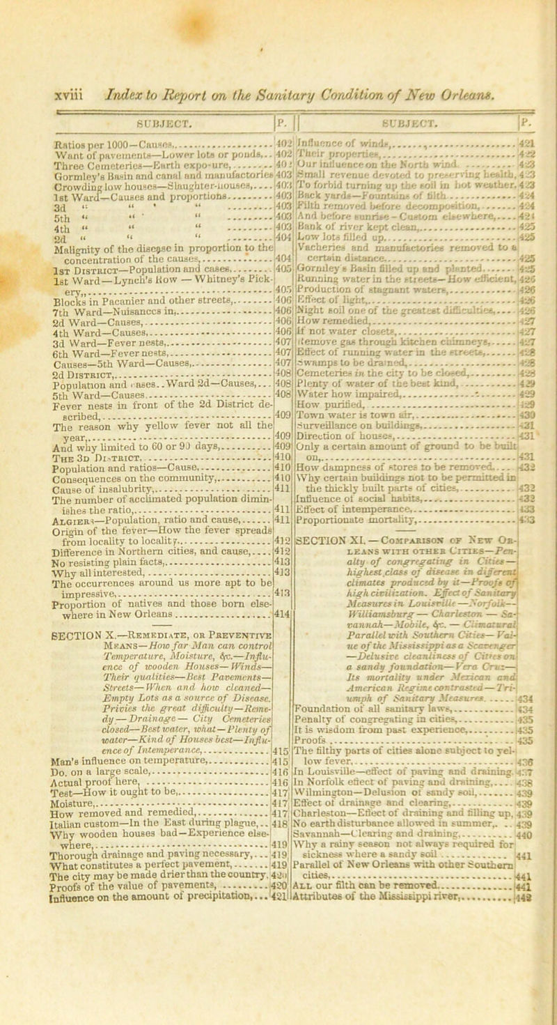 SUBJECT. p. SUBJECT. P. Malignity of the disease in proportion to the concentration of the causes 404 1st District—Population and cases 1405 1st Waid—Lynch’s How — Whitney’s Pick >405 Blocks in Pacanier and other streets 406 7th Ward—Nuisances in, 406 2d Ward—Causes, '-- 406 4th Ward—Causes 406 3d Ward—Fever nests, 6th Ward—Fever nests Causes—5th Ward—Causes 2d District, - Population and rases. .Ward 2d—Causes,. 5th Ward—Causes Fever nests in front of the 2d District de- scribed, The reason why yellow fever not all the year, And why limited to 60 or 91 days, —. — — The 3d Di-trict, Population and ratios—Cause, Consequences on the community, Cause of insalubrity, The number of acclimated population dimin- ishes the ratio, - Algiers—Population, ratio and cause, Origin of the fever—How the fever spreads from locality to locality Difference in Northern cities, and cause, No resisting plain facts, Why all interested, The occurrences around us more apt to be impressive, Proportion of natives and those born else- where in New Orleans 414 Ratios per 1000—Causes 101 Influence of winds, , 421 Want of pavements—Lower lota or ponds,.. 402j Their properties, 422 Three Cemeteries—Earth expo-ure, |40;! Our influent-eon the North wind 423 Gormley’s Basin and canal and manufactories 403'.Hina 11 revenue devoted to preserving health, 4 23 Crowding low houses—Slaughter-Houses 403 To forbid turning up the soil in hot weather, 4 23 1st Ward—Cauaes and proportions 403 Back yards—Fountains of tilth 4:;4 3d u • “ |403; Filth removed before decomposition, 424 5th <i •> ' “ ....403 And before sunrise-Custom elaewhere,....(421 4th •• •< “ 403 Bank of river kept clean, 425 2d “ “ “ 404 Low lots died up 425 Vacheries and manufactories removed to a certain distance . - 425 Gormley s Basin filled up and planted |425 Running water in the streets—How efficient, 426 Production of stagnant waters (426 Effect of light, 1426 Night soil one of the greatest difficulties,... . (426 How remedied, j427 if not water closets, (427 /iemove gas through kitchen chimneys, |427 Effect of running water in the streets '428 Swamps to be drained, - |42B Cemeteries in the city to be closed, 428 Plenty of water of the best kind, (429 Water how impaired, »29 How purified, (429 Town water is town air, »...|430 •Surveillance on buildings, -131 Direction of booses, ;431' Only a certain amount of ground to be built! on, (431 How dampness of stores to be removed (432 Why certain buildings not to be permitted in the thickly built parts of cities, 432 Influence of social habits,..-. - (432 Effect of intemperance. 433 Proportionate mortality, 1433 407 407 407 408 408 408 409 409 409 410 410 410 411 411 411 412 412 413 413 413 SECTION X.—Remediate, or Preventive Means—How far Man can control Temperature, Moisture, ffc.—Influ- ence of wooden Houses—Winds— Their ijualities—Best Pavements— Streets—When and how cleaned— Empty Lots as a source of Disease. Privies the great difficulty—Reme- dy— Drainage— City Cemeteries closed—Best water, what—Plenty of water—Kind of Houses best—Influ- ence of Intemperance, 415 Man’s influence on temperature, 415 Do. on a large scale, 416 Actual proof here, 416 Test—How it ought to be 417j Moisture, 1 417j How removed and remedied, 54171 Italian custom—in the East during plague,.. 418 Why wooden houses bad—Experience else- where, 419 Thorough drainage and paving necessary,... 419 What constitutes a perfect pavement, 419 The city may be made drier than the country. 4-2u Proofs of the value of pavements, ;4‘2o' Influence on the amount of precipitation,...'42l! SECTION XI. — Comparison of New Or- leans with other C'ities—Pen-, ally of congregating in Cities— highest ,class of disease in different climates produced by it—Proofs of high civilization. Effect of Sanitary Measures in Louisville—Eorfoih— Williamsburg— Charleston — Sa-| van Hah—Mobile, 6/c. — Climalural Parallel with Southern Cities— Val-i ue of the Mississippi as a Scavenger I —Delusive cleanliness of Cities on i a sandy foundation—Vera Cruz—i Its mortality under Mexican and American Regime contrasted—Tri- umph of Sanitary Measures 434 Foundation of all sanitary laws, 434 Penalty of congregating in cities, 435 It is wisdom tfornpast experience, i+35 Proofs -.435 The filthy parts of cities alone subject fo yel- low fever, .*... 436 In Louisville—effect of paving and draining. 4-' 7 In Norfolk efieet of paving and draining, 433 Wilmington—Delusion of sandy soil, 439 Effect of drainage and clearing, 439 Charleston—Efieet of draining and filling up, 439 No earth disturbance allowed in summer,. .. 439 Savannah—C learing and draining, 440 Why a rainy season not always required for; sickness where a sandy soil 444 Parallel of New Orleans with other Southern cities, (441 All our filth can be removed 441 Attributes of the Mississippi river, 443