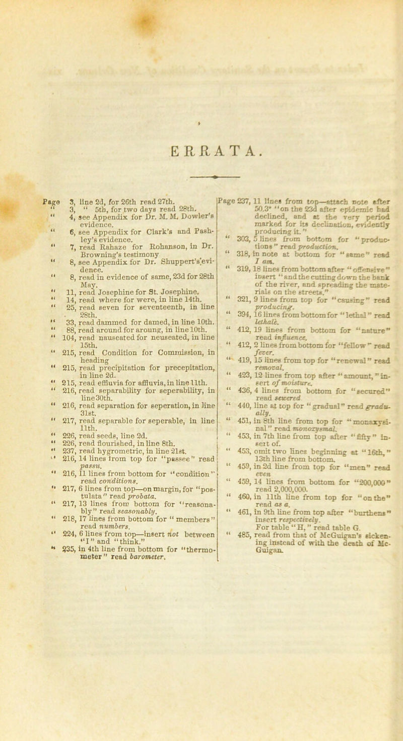 ERRATA. Page 3, line 2d, for 26th read 27th. “ 3, “ 5th, for two days read 28th. “ 4, see Appendix for Dr. M. M. Dowler’s evidence. “ 6, see Appendix for Clark’s and Pash- ley’s evidence. “ 7, read Rahaze for Rohanson, in Dr. Browning’s testimony “ 8, see Appendix for Dr. Shuppert’s’evi- dence. “ 8, read in evidence of same, 23d for 28th May. “ 11, read Josephine for St. Josephine. “ 14, read where for were, in line 14th. “ 25, read seven for seventeenth, in line 28th. “ 33, read dammed for darned, in line 10th. “ 88, read around for aroung, in line 10th. “ 104, read nauseated for neuseated, in line 15th. “ 215, read Condition for Commission, in heading “ 215, read precipitation for precepitation, in line 2d.  215, read effluvia for affluvia, in line llth. “ 216, rend separability for seperability, in line 30th. “ 216, read separation for seperation, in line 31st.  217, rend separable for seperable, in line llth. “ 226, read seeds, line 2d. “ 226, rend flourished, in line 8th. “ 237, read hygrometric, in line 21st. *' 216,14 lines trom top for “passee read passu. “ 216,11 lines from bottom for “condition” read conditions.  217, 6 lines from top—on margin, for “pos- tulata  rend probata. “ 217, 13 lines from bottom for “reasona- bly” read seasonably. “ 218, 17 lines from bottom for “ members” read numbers. “ 224, 6 lines from top—insert not between “I’’ and “think.” ** 235, in 4th line from bottom for “thermo- meter ” read barometer. Page 237, 11 lines from top—attach Dote after 50.3’ “on the 23d after epidemic had declined, and at the very period marked for its declination, evidently producing it. ” “ 303, 5 lines from bottom for “ produc- tions ” read production. “ 318, in note at bottom for “ seme ” read 7 am. 11 319,18 lines from bottom after “ offensive ” insert “ and the cutting down the bank of the river, and spreading the mate- rials on the streets.” “ 321, 9 lines from top for “ causing ” read producing. “ 394, 16 lines from bottom for “lethal ” read lelhale. “ 412, 19 lines from bottom for “nature” read influence. “ 412, 2 lines from bottom for “fellow ” read fever. “ 419,15 lines from top for “ renewal ” read removal. “ 423, 12 lines from top after “ amount, ” in- sert of moisture. “ 436, 4 lines from bottom for “secured” read sewered “ 440, line at top for “ gradual” read gradu- ally. “ 451, in 8th line from top for “ znonaxysi- nal ” read monoxysnuil. “ 453, in 7th line from top sifter “fifty ” in- sert of. “ 453, omit two lines beginning at “ 16th, ” 13th line from bottom. “ 459, in 2d line from top for “men” read even “ 459, 14 lines from bottom for “200,000” read 2,000,000. “ 460, in llth line from top for “on the” read as a. “ 461, in 9th line from top sifter “burthens insert respectively. For table “ H, ” read table G. “ 485, read from that of McGuigan’s sicken- ing instead of with the death of Mc- Guigan.