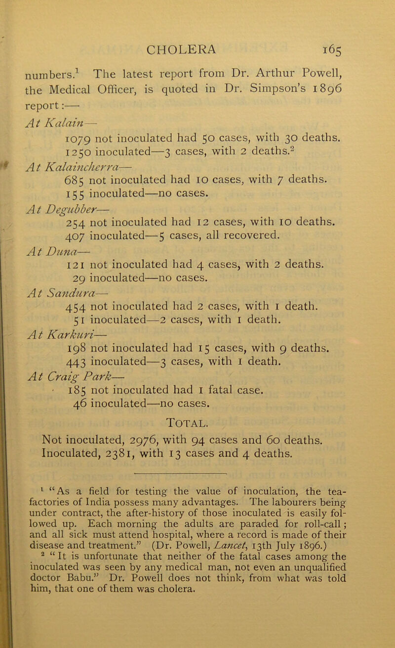 numbers.’^ The latest report from Dr. Arthur Powell, the Medical Officer, is quoted in Dr. Simpson’s 1896 report:— At Kalam— 1079 not inoculated had 50 cases, with 30 deaths. 1250 inoculated—3 cases, with 2 deaths.^ ^ At Kalainckerra— 685 not inoculated had 10 cases, with 7 deaths. 155 inoculated—no cases. A t Degubber— 254 not inoculated had 12 cases, with 10 deaths, r 407 inoculated—5 cases, all recovered. A t Duna— 121 not inoculated had 4 cases, with 2 deaths. 29 inoculated—no cases. At Sandura— 454 not inoculated had 2 cases, with i death. 51 inoculated—2 cases, with i death. At Karkuri— 198 not inoculated had 15 cases, with 9 deaths. 443 inoculated—3 cases, with i death. A t Craig Park— 185 not inoculated had I fatal case. 46 inoculated—no cases. Total. Not inoculated, 2976, with 94 cases and 60 deaths. Inoculated, 2381, with 13 cases and 4 deaths. “As a field for testing the value of inoculation, the tea- factories of India possess many advantages. The labourers being under contract, the after-history of those inoculated is easily fol- lowed up. Each morning the adults are paraded for roll-call; and all sick must attend hospital, where a record is made of their I disease and treatment.” (Dr. Powell, Laticet^ 13th July 1896.) ' 2 “ It is unfortunate that neither of the fatal cases among the inoculated was seen by any medical man, not even an unqualified doctor Babu.” Dr. Powell does not think, from what was told 1 him, that one of them was cholera.