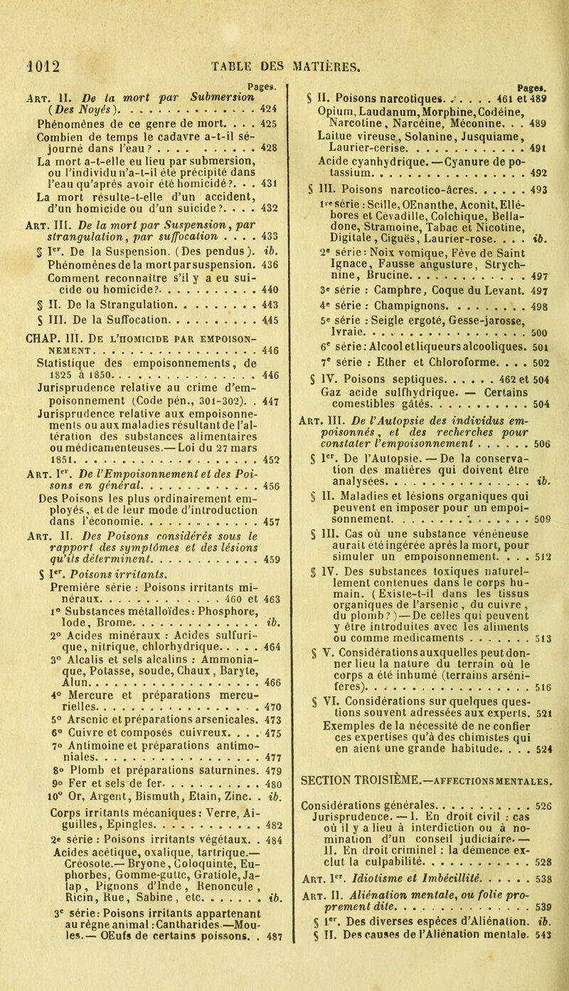 Pages. 1 Art. II. De ta mort far Submersion (Des Noyés ) 424 Phénomènes de ce genre de mort. ... 425 Combien de temps le cadavre a-t-il sé- journé dans l’eau? .... 428 La mort a-t-elle eu lieu par submersion, ou l’individu n’a-t-il été précipité dans l’eau qu’après avoir été homicidé?. . . 431 La mort résulte-t-elle d’un accident, d’un homicide ou d’un suicide?. . . . 432 Art. III. De la mort par Suspension, par strangulation, par suffocation .... 433 § Ier. De la Suspension. (Des pendus), ib. Phénomènes de la mortparsuspension. 436 Comment reconnaître s’il y a eu sui- cide ou homicide? 440 § II. De la Strangulation 443 S III. De la Suffocation 445 CHAP. III. De l’homicide par empoison- nement 446 Statistique des empoisonnements, de 1825 à 1850 . 446 Jurisprudence relative au crime d’em- poisonnement (Code pén., 301-302). . 447 Jurisprudence relative aux empoisonne- ments ou auxmaladiesrésultantde l’al- tération des substances alimentaires ou médicamenteuses.— Loi du 27 mars 1851 452 Art. 1er. De VEmpoisonnement et des Poi- sons en général 456 Des Poisons les plus ordinairement em- ployés, et de leur mode d’introduction dans l’économie 457 Art. IL Des Poisons considérés sous le rapport des symptômes et des lésions qu’ils déterminent 459 S I*r. Poisons irritants. Première série : Poisons irritants mi- néraux 460 et 463 1° Substances métalloïdes: Phosphore, Iode, Brome ib. 2° Acides minéraux : Acides sulfuri- que, nitrique, chlorhydrique 464 3° Alcalis et sels alcalins : Ammonia- que, Potasse, soude, Chaux, Baryte, Alun 466 4° Mercure et préparations mercu- rielles 470 5° Arsenic et préparations arsenicales. 473 6° Cuivre et composés cuivreux. . . . 475 7° Antimoine et préparations antimo- niales 477 8° Plomb et préparations saturnines. 479 9° Fer et sels de fer 480 10° Or, Argent, Bismuth, Etain, Zinc. . ib. Corps irritants mécaniques: Verre, Ai- guilles, Epingles 482 2e série : Poisons irritants végétaux. . 484 Acides acétique, oxalique, tartrique.— Créosote.—Bryone, Coloquinte, Eu- phorbes, Gomme-gutte, Gratiole, Ja- lap , Pignons d’Inde , Benoncule , Ricin, Rue, Sabine, etc iIb. 3e série: Poisons irritants appartenant au règne animal . Cantharides—Mou- les.— OEufs de certains poissons. . 487 Page». S II. Poisons narcotiques. ..... 461 et 489 Opium, Laudanum, Morphine, Codéine, Narcoline, Narcéine, Méconine. . . 489 Laitue vireuse, Solanine, Jusquiame, Laurier-cerise 491 Acide cyanhydrique. —Cyanure de po- tassium 492 § III. Poisons narcotico-âcres 493 ire série : Scille, OEnanthe, Aconit, Ellé- bores et Cévadille, Colchique, Bella- done, Stramoine, Tabac et Nicotine, Digitale, Ciguës, Laurier-rose. ... ib. 2« série: Noix vomique, Fève de Saint Ignace, Fausse anguslure, Strych- nine, Brucine 497 3e série : Camphre, Coque du Levant. 497 4e série : Champignons 498 5e série : Seigle ergoté, Gesse-jarosse, Ivraie. 500 6e série: Alcool et liqueurs alcooliques, soi 7e série : Ether et Chloroforme. ... 502 S IV. Poisons septiques 462 et 504 Gaz acide sulfhydrique. — Certains comestibles gâtés 504 Art. III. De l’Autopsie des individus em- poisonnés , et des recherches pour constater l’empoisonnement 506 § 1er. De l’Aulopsie. — De la conserva- tion des matières qui doivent être analysées ib. § II. Maladies et lésions organiques qui peuvent en imposer pour un empoi- sonnement 509 § III. Cas où une substance vénéneuse aurait été ingérée après la mort, pour simuler un empoisonnement. ... 512 $ IV. Des substances toxiques naturel- lement contenues dans le corps hu- main. (Existe-t-il dans les tissus organiques de l’arsenic , du cuivre , du plomb ? ) — De celles qui peuvent y être introduites avec les aliments ou comme médicaments 513 § V. Considérations auxquelles peut don- ner lieu la nature du terrain où le corps a été inhumé (terrains arséni- féres). . 516 S VI. Considérations sur quelques ques- tions souvent adressées aux experts. 521 Exemples de la nécessité de ne confier ces expertises qu’à des chimistes qui en aient une grande habitude. . . . 524 SECTION TROISIÈME.—affections mentales. Considérations générales 526 Jurisprudence. — 1. En droit civil : cas où il y a lieu à interdiction ou à no- mination d’un conseil judiciaire.— II. En droit criminel : la démence ex- clut la culpabilité 528 Art. 1er. Idiotisme et Imbécillité .538 Art. II. Aliénation mentale, ou folie pro- prement dite 539 § Ier. Des diverses espèces d’Aliénalion. ib. S II. Des causes de l’Aliénation mentale. 543