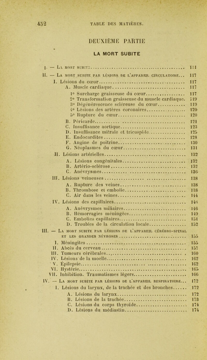 DEUXIÈME PARTIE LA MORT SUBITE 1- — La. mort subit:: 11 { II. — La mort.subite par lésions de l’appareil circulatoire... 117 I. Lésions du cœur 117 A. Muscle cardiaque 117 1° Surcharge graisseuse du cœur 117 2° Transformation graisseuse du muscle cardiaque. 119 3° Dégénérescence scléreuse du cœur 119 4° Lésions des artères coronaires 120 5° Rupture du cœur 120 B. Péricarde 121 G. Insuffisance aortique 123 D. Insuffisance mitrale et tricuspidc 123 E. Endocardites 128 F. Angine de poitrine 130 G. Néoplasmes du cœur 131 II. Lésions artérielles 132 A. Lésions congénitales 132 B. Artério-sclérose 132 C. Anévrysmes 130 III. Lésions veineuses 138 A. Rupture des veines 13S B. Thrombose et embolie 138 C. Air dans les veines 144 IV. Lésions des capillaires 140 A. Anévrysmes miliaires 146 B. Hémorragies méningées 149 C. Embolies capillaires 151 D. Troubles de la circulation locale 152 III. — La mort subite par lésions de l’appareil cérébro-spinal et les grandes névroses 155 I. Méningites 155 II. Abcès du cerveau 157 III. Tumeurs cérébrales..,... 1G0 IV. Lésions de la moelle 1G2 V. Épilepsie 1G2 VI. Hystérie 1G5 VIL Inhibition. Traumatismes légers 1G6 IV. — La mort subite par lésions de l'appareil respiratoire... 172 1. Lésions du larynx, de la trachée et des bronches 172 A. Lésions du larynx 172 B. Lésions de la trachée 173 C. Lésions du corps thyroïde 174 D. Lésions du mcdiastin 174