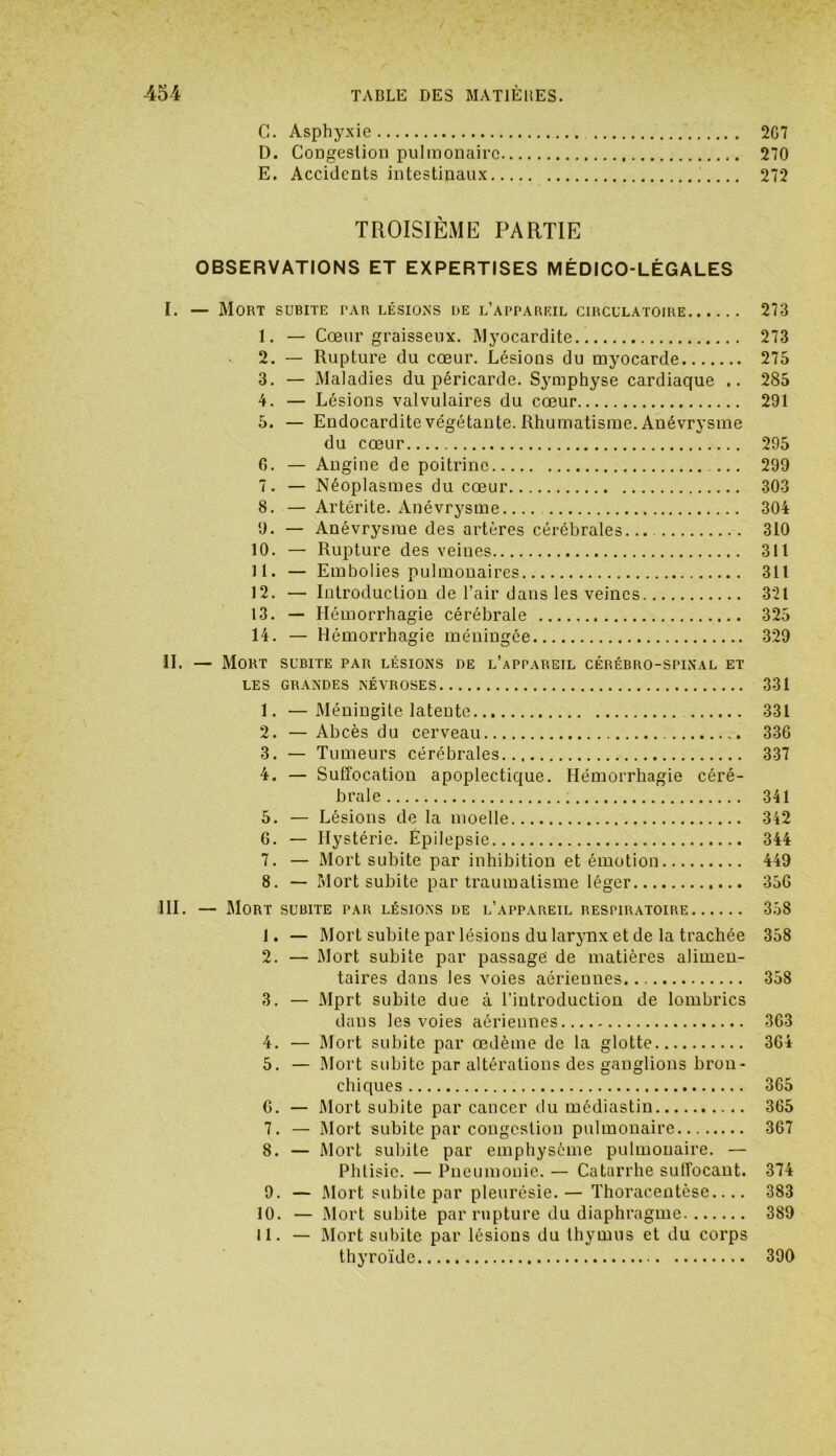 C. Asphyxie 2G7 D. Congestion pulmonaire 270 E. Accidents intestinaux 272 TROISIÈME PARTIE OBSERVATIONS ET EXPERTISES MÉDICO-LÉGALES I. — Mort subite par lésions de l’appareil circulatoire 273 1. — Cœur graisseux. Myocardite.. 273 2. — Rupture du cœur. Lésions du myocarde 275 3. — xMaladies du péricarde. Symphyse cardiaque .. 285 4. — Lésions valvulaires du cœur 291 5. — Endocardite végétante. Rhumatisme. Anévrysme du cœur 295 G. — Angine de poitrine 299 7. — Néoplasmes du cœur 303 8. — Artérite. Anévrysme.... 304 9. — Anévrysme des artères cérébrales 310 10. — Rupture des veines 311 11. — Embolies pulmonaires 311 12. — Introduction de l’air dans les veines 321 13. — Hémorrhagie cérébrale 325 14. — Hémorrhagie méningée 329 II. — Mort subite par lésions de l’appareil cérébro-spinal et LES GRANDES NÉVROSES 331 1. —Méningite latente 331 2. — Abcès du cerveau 336 3. — Tumeurs cérébrales 337 4. — Suffocation apoplectique. Hémorrhagie céré- brale 341 5. — Lésions de la moelle 342 G. — Hystérie. Épilepsie 344 7. — Mort subite par inhibition et émotion 449 8. — Mort subite par traumatisme léger 35G III. — Mort subite par lésions de l’appareil respiratoire 358 1. — Mort subite par lésions du larynx et de la trachée 358 2. — Mort subite par passage de matières alimen- taires dans les voies aériennes 358 3. — Mprt subite due à l’introduction de lombrics dans les voies aériennes 3G3 4. — Mort subite par œdème de la glotte 3G4 5. — Mort subite par altérations des ganglions bron- chiques 365 G. — Mort subite par cancer du médiastin 365 7. — Mort subite par congestion pulmonaire 367 8. — Mort subite par emphysème pulmonaire. — Phtisie. — Pneumonie. — Catarrhe suffocant. 374 9. — Mort subite par pleurésie.— Thoracentèse 383 10. — Mort subite par rupture du diaphragme 389 11. — Mort subite par lésions du thymus et du corps thyroïde 390