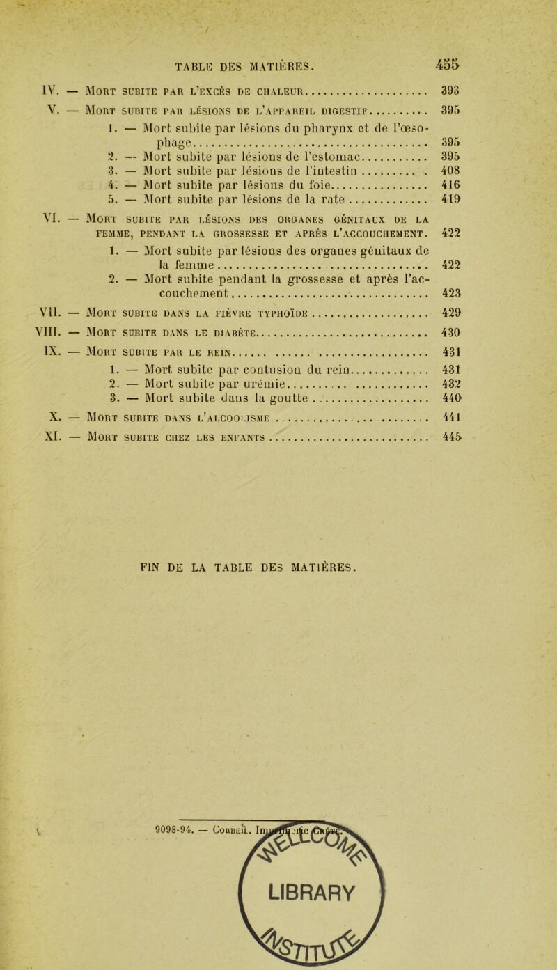 IV. — Mort subite par l’excès de chaleur 393 V. — Mort subite par lésions de l’appareil digestif 395 1. — Mort subite par lésions du pharynx et de l'oeso- phage 395 2. — Mort subite par lésions de l’estomac 395 3. — Mort subite par lésions de l’intestin 408 4. — Mort subite par lésions du foie 416 5. — Mort subite par lésions de la rate 419 VI. — Mort subite par lésions des organes génitaux de la FEMME, PENDANT L A GROSSESSE ET APRÈS L’ACCOUCHEMENT. 422 1. — Mort subite par lésions des organes génitaux de la femme 422 2. — Mort subite pendant la grossesse et après l’ac- couchement 423 Vil. — Mort subite dans la fièvre typhoïde 429 VIII. — Mort subite dans le diabète 430 IX. — Mort subite par le rein 431 1. — Mort subite par contusion du rein 431 2. — Mort subite par urémie 432 3. — Mort subite dans la goutte 440 X. — Mort subite dans l’alcoolisme 441 XI. — Mort subite chez les enfants 445 FIN DE LA TABLE DES MATIÈRES.