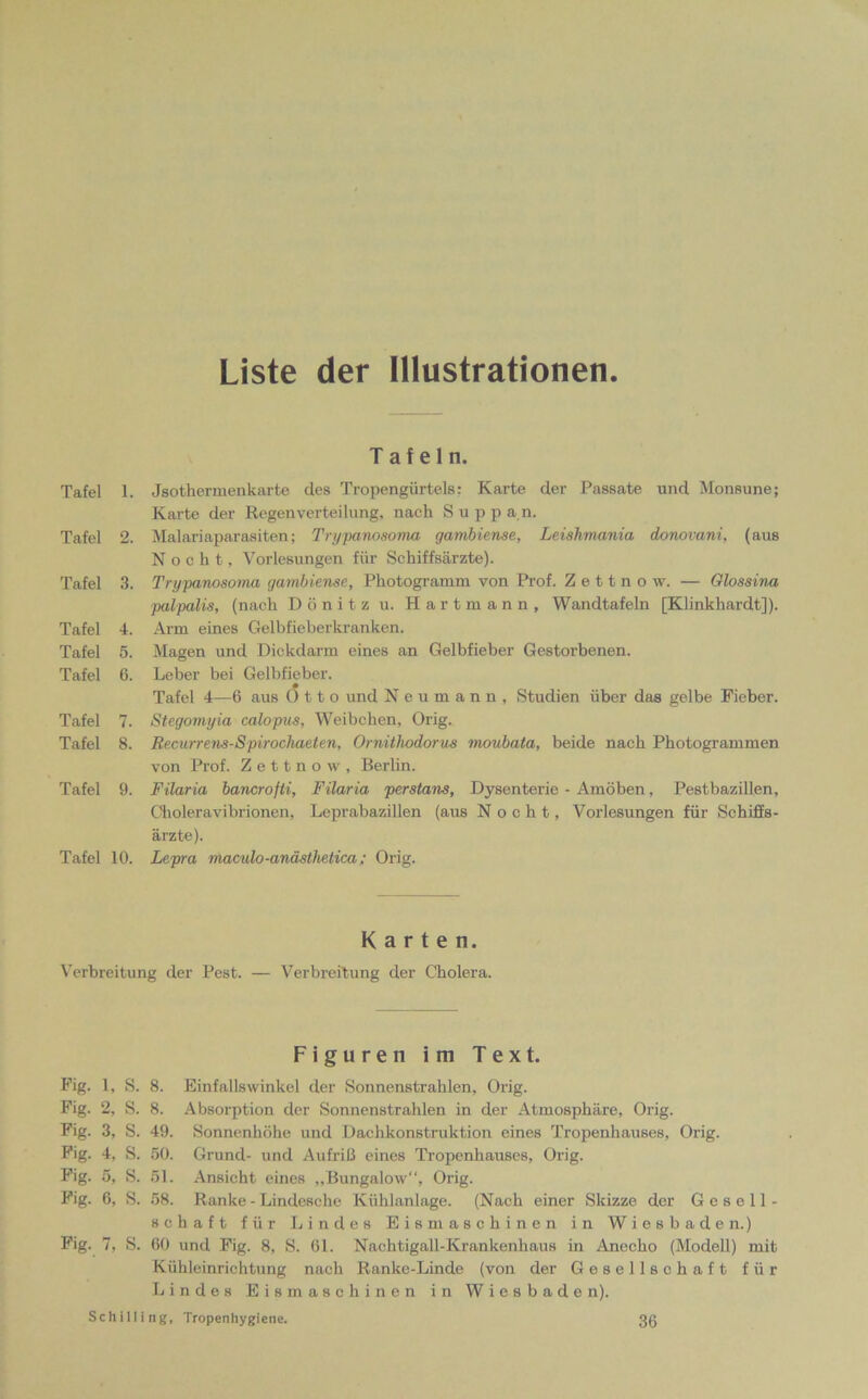 Liste der Illustrationen Tafel 1. Tafel 2. Tafel 3. Tafel 4. Tafel 5. Tafel 6. Tafel 7. Tafel 8. Tafel 9. Tafel 10. Tafeln. Jsothermenkarte des Tropengürtels: Karte der Passate und Monsune; Karte der Regen Verteilung, nach Supp an. Malariaparasiten; Trypanosoma gambiense, Leishmania donovani, (aus Nocht, Vorlesungen für Schiffsärzte). Trypanosoma gambiense, Photogramm von Prof. Z e 11 n o w. — Glossina palpalis, (nach Dönitz u. Hartmann, Wandtafeln [Klinkhardt]). Arm eines Gelbfieberkranken. Magen und Dickdarm eines an Gelbfieber Gestorbenen. Leber bei Gelbfieber. Tafel 4—6 aus Otto und N e u m a n n , Studien über das gelbe Fieber. Stegomyia calopus, Weibchen, Orig. Becurrens-Spirochaeten, Ornitlwdorus moubata, beide nach Photogrammen von Prof. Zettnow, Berlin. Filaria bancrofti, Filaria perstans, Dysenterie - Amöben, Pestbazillen, Choleravibrionen, Leprabazillen (aus Nocht, Vorlesungen für Schiffs- ärzte). Lepra maculo-anästhetica ; Orig. Karten. Verbreitung der Pest. — Verbreitung der Cholera. Figuren im Text. Fig. 1, S. 8. Einfallswinkel der Sonnenstrahlen, Orig. Fig. 2, S. 8. Absorption der Sonnenstrahlen in der Atmosphäre, Orig. Fig. 3, S. 49. Sonnenhöhe und Dachkonstruktion eines Tropenhauses, Orig. Fig. 4, S. 50. Grund- und Aufriß eines Tropenhauses, Orig. Fig. 5, S. 51. Ansicht eines „Bungalow“, Orig. Fig. 6, S. 58. Ranke - Lindesche Kühlanlage. (Nach einer Skizze der Gesell- schaft für Lindes Eismaschinen in Wiesbaden.) Fig. 7, S. 60 und Fig. 8, S. 61. Nachtigall-Krankenhaus in Anecho (Modell) mit Kühleinrichtung nach Ranke-Linde (von der Gesellschaft für Lindes Eismaschinen in Wiesbaden). Schilling, Tropenhygiene. 36