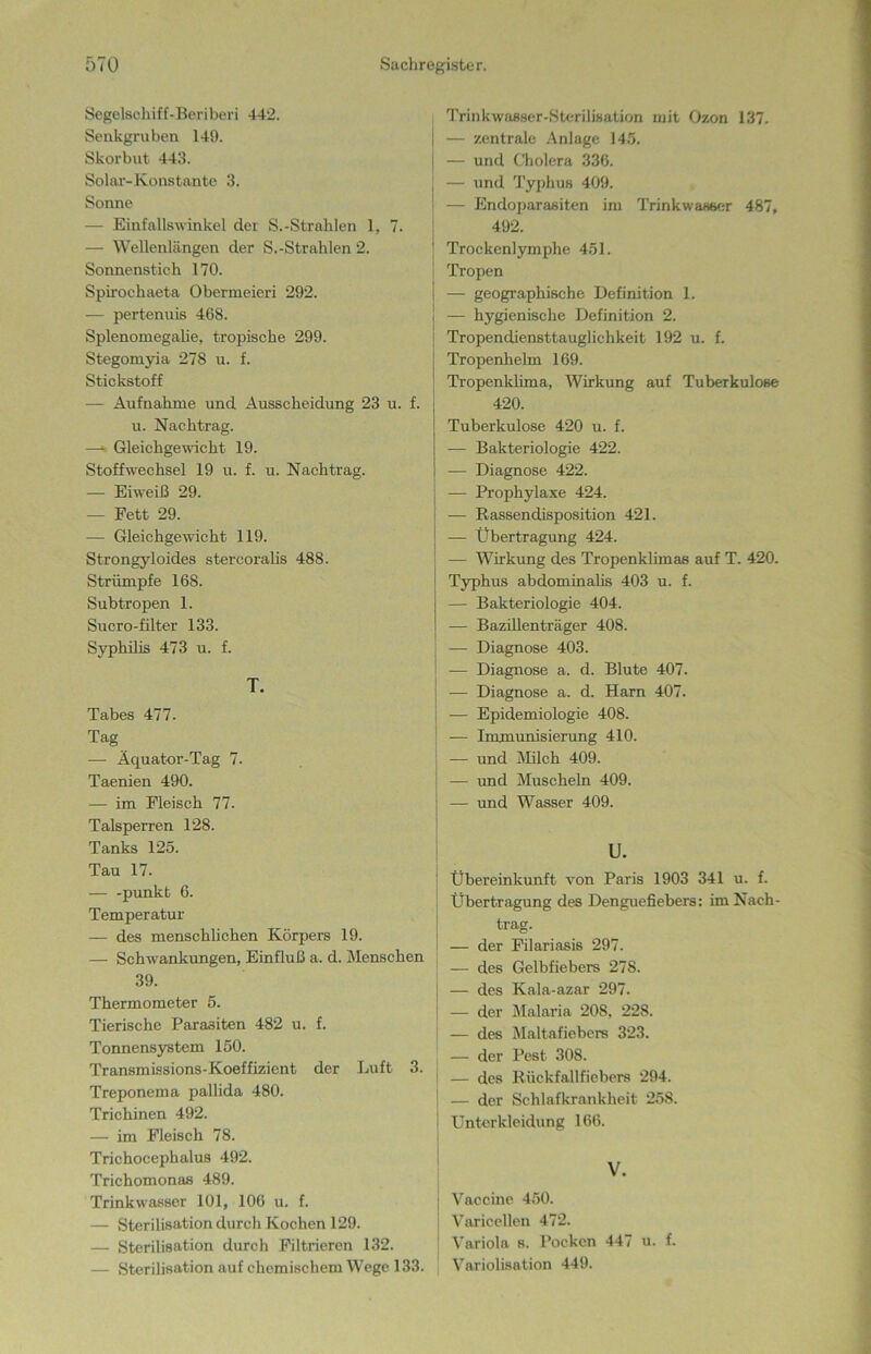 Segelsehiff-Beriberi 442. Senkgruben 149. Skorbut 443. Solar-Konstante 3. Sonne — Einfallswinkel der S.-Strahlen 1, 7. — Wellenlängen der S.-Strahlen 2. Sonnenstich 170. Spirochaeta Obermeieri 292. — pertenuis 468. Splenomegalie, tropische 299. Stegomyia 278 u. f. Stickstoff — Aufnahme und Ausscheidung 23 u. f. u. Nachtrag. — Gleichgewicht 19. Stoffwechsel 19 u. f. u. Nachtrag. — Eiweiß 29. — Fett 29. — Gleichgewicht 119. Strongyloides stercoralis 488. Strümpfe 168. Subtropen 1. Sucro-filter 133. Syphilis 473 u. f. T. Tabes 477. Tag — Äquator-Tag 7. Taenien 490. — im Fleisch 77. Talsperren 128. Tanks 125. Tau 17. punkt 6. Temperatur — des menschlichen Körpers 19. — Schwankungen, Einfluß a, d. Menschen 39. Thermometer 5. Tierische Parasiten 482 u. f. Tonnensystem 150. Transmissions-Koeffizient der Luft 3. Treponema pallida 480. Trichinen 492. — im Fleisch 78. Trichocephalus 492. Trichomonas 489. Trinkwasser 101, 106 u. f. — Sterilisation durch Kochen 129. — Sterilisation durch Filtrieren 132. — Sterilisation auf chemischem Wege 133. Trinkwasser-Sterilisation mit Ozon 137. — zentrale Anlage 145. — und Cholera 336. — und Typhus 409. — Endoparasiten im Trinkwasser 487, 492. Trockenlymphe 451. Tropen — geographische Definition 1. — hygienische Definition 2. Tropendiensttauglichkeit 192 u. f. Tropenhelm 169. Tropenklima, Wirkung auf Tuberkulose 420. Tuberkulose 420 u. f. — Bakteriologie 422. — Diagnose 422. — Prophylaxe 424. — Rassendisposition 421. — Übertragung 424. — Wirkung des Tropenklimas auf T. 420. Typhus abdominalis 403 u. f. — Bakteriologie 404. — Bazillenträger 408. — Diagnose 403. -— Diagnose a. d. Blute 407. — Diagnose a. d. Harn 407. -— Epidemiologie 408. — Immunisierung 410. — und Milch 409. — und Muscheln 409. — und Wasser 409. u. Übereinkunft von Paris 1903 341 u. f. Übertragung des Denguefiebers: im Nach- trag. — der Filariasis 297. — des Gelbfiebers 278. — des Kala-azar 297. — der Malaria 208, 228. — des Maltafiebers 323. — der Pest 308. — des Riiekfallfiebers 294. — der Schlafkrankheit 258. Unterkleidung 166. V. Vaccine 450. Varicellen 472. Variola s. Pocken 447 u. f. Variolisation 449.