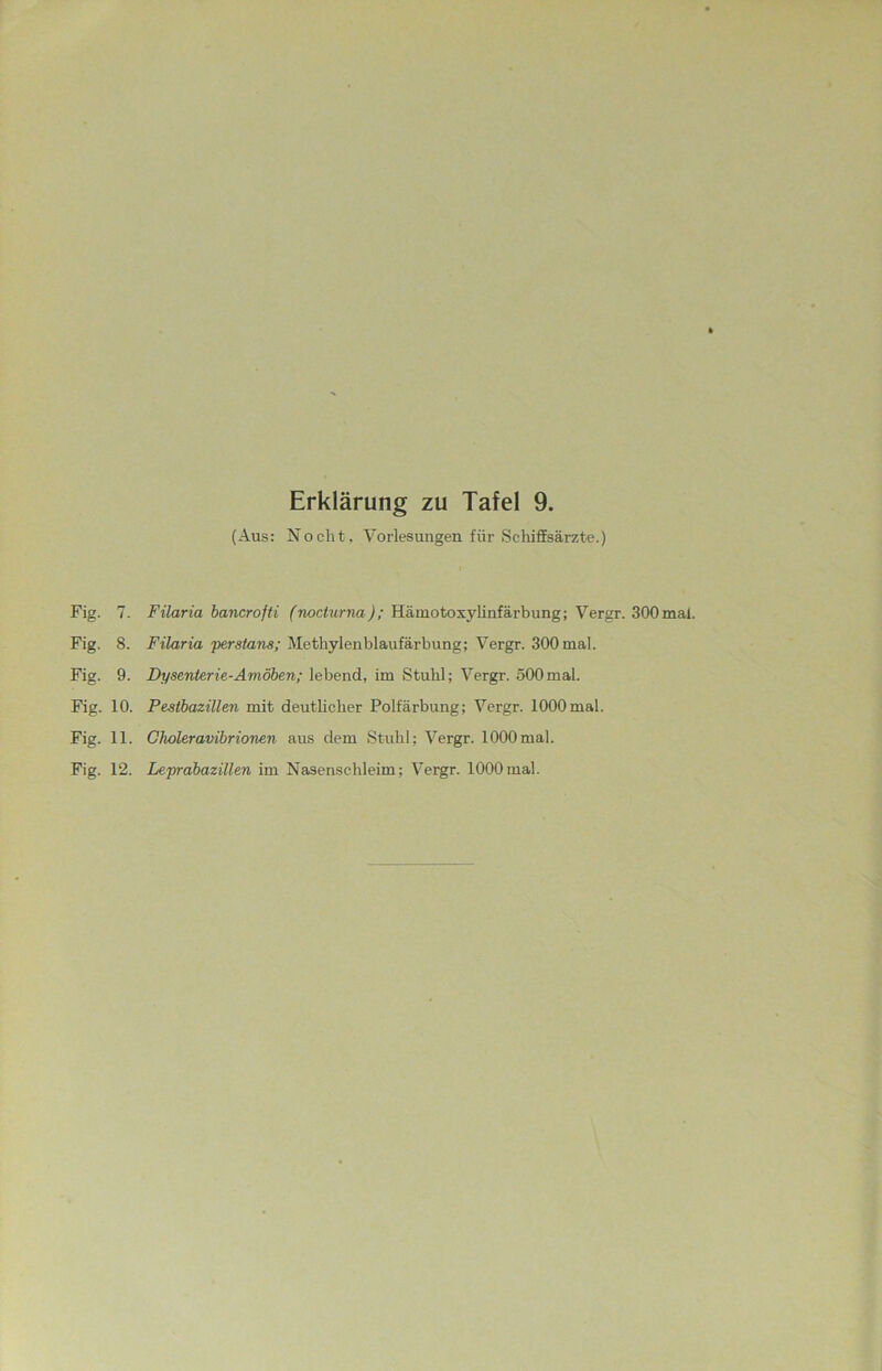Erklärung zu Tafel 9. (Aus: Nocht. Vorlesungen für Schiffsärzte.) Fig. 7. Filaria bancrofti (nocturna); Hämotoxylinfärbung; Vergr. 300mal. Fig. S. Filaria 'perstans; Methylenblaufärbung; Vergr. 300 mal. Fig. 9. Dysenterie-Amöben; lebend, im Stuhl; Vergr. 500mal. Fig. 10. Pestbazillen mit deutlicher Polfärbung; Vergr. 1000mal. Fig. 11. Choleravibrionen aus dem Stuhl; Vergr. 1000 mal.