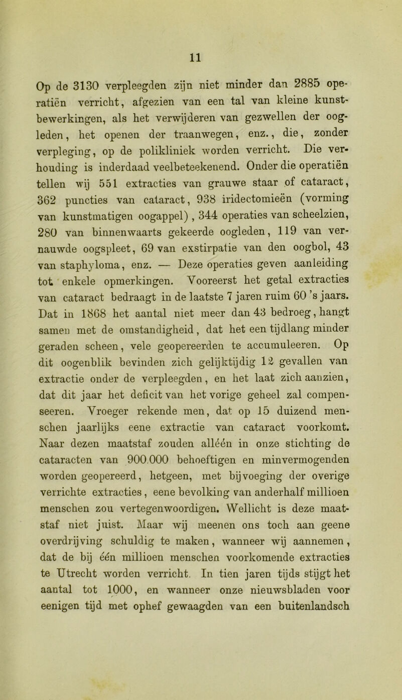 Op de 3130 verpleegden zijn niet minder dan 2885 ope- ratiën verricht, afgezien van een tal van kleine kunst- bewerkingen, als het verwijderen van gezwellen der oog- leden , het openen der traanwegen, enz., die, zonder verpleging, op de polikliniek worden verricht. Die ver- houding is inderdaad veelbeteekenend. Onder die operatiën tellen wij 551 extracties van grauwe staar of cataract, 362 puncties van cataract, 938 iridectomieën (vorming van kunstmatigen oogappel) , 344 operaties van scheelzien, 280 van binnenwaarts gekeerde oogleden, 119 van ver- nauwde oogspleet, 69 van exstirpatie van den oogbol, 43 van staphyloma, enz. — Deze operaties geven aanleiding tot enkele opmerkingen. Vooreerst het getal extracties van cataract bedraagt in de laatste 7 jaren ruim 60 ’s jaars. Dat in 1868 het aantal niet meer dan 43 bedroeg, hangt samen met de omstandigheid, dat het een tijdlang minder geraden scheen, vele geopereerden te accumuleeren. Op dit oogenblik bevinden zich gelijktijdig 12 gevallen van extractie onder de verpleegden, en het laat zich aanzien, dat dit jaar het deficit van het vorige geheel zal compen- seeren. Vroeger rekende men, dat op 15 duizend men- schen jaarlijks eene extractie van cataract voorkomt. Naar dezen maatstaf zouden alléén in onze stichting de cataracten van 900.000 behoeftigen en minvermogenden worden geopereerd, hetgeen, met bijvoeging der overige verrichte extracties, eene bevolking van anderhalf millioen menschen zou vertegenwoordigen. Wellicht is deze maat- staf niet juist. Maar wij meenen ons toch aan geene overdrijving schuldig te maken, wanneer wij aannemen, dat de bij één millioen menschen voorkomende extracties te Utrecht worden verricht. In tien jaren tijds stijgt het aantal tot 1000, en wanneer onze nieuwsbladen voor eenigen tijd met ophef gewaagden van een buitenlandsch
