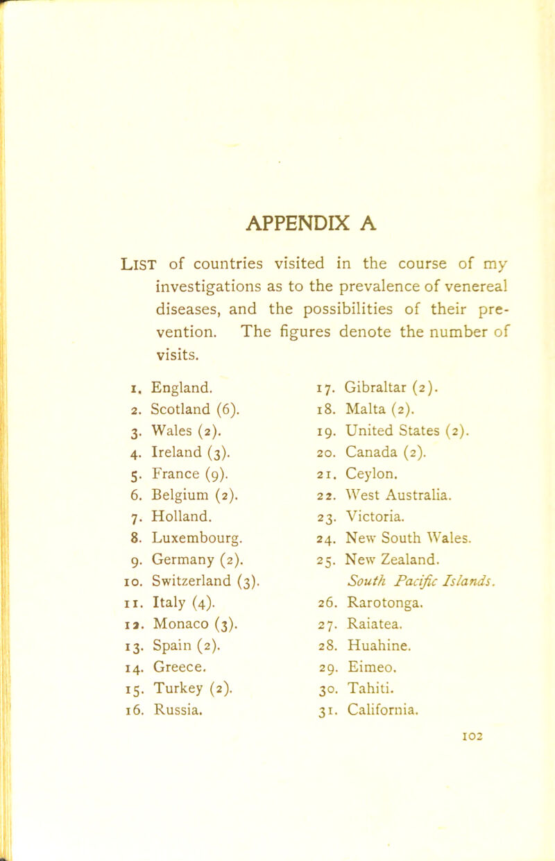 APPENDIX A List of countries visited in the course of my investigations as to the prevalence of venereal diseases, and the possibilities of their pre- vention. The figures denote the number of visits. 1. England. 2. Scotland (6). 3. Wales (2). 4. Ireland (3). 5. France (9). 6. Belgium (2). 7. Holland. 8. Luxembourg. 9. Germany (2). 10. Switzerland (3). 11. Italy (4). I a. Monaco (3). 13. Spain (2). 14. Greece. 15. Turkey (2). 16. Russia. 17. Gibraltar (2). 18. Malta (2). 19. United States (2). 20. Canada (2). 21. Ceylon. 22. West Australia. 23. Victoria. 24. New South Wales. 25. New Zealand. South Pacific Islands. 26. Rarotonga. 27. Raiatea. 28. Huahine. 29. Eimeo. 30. Tahiti. 31. California.