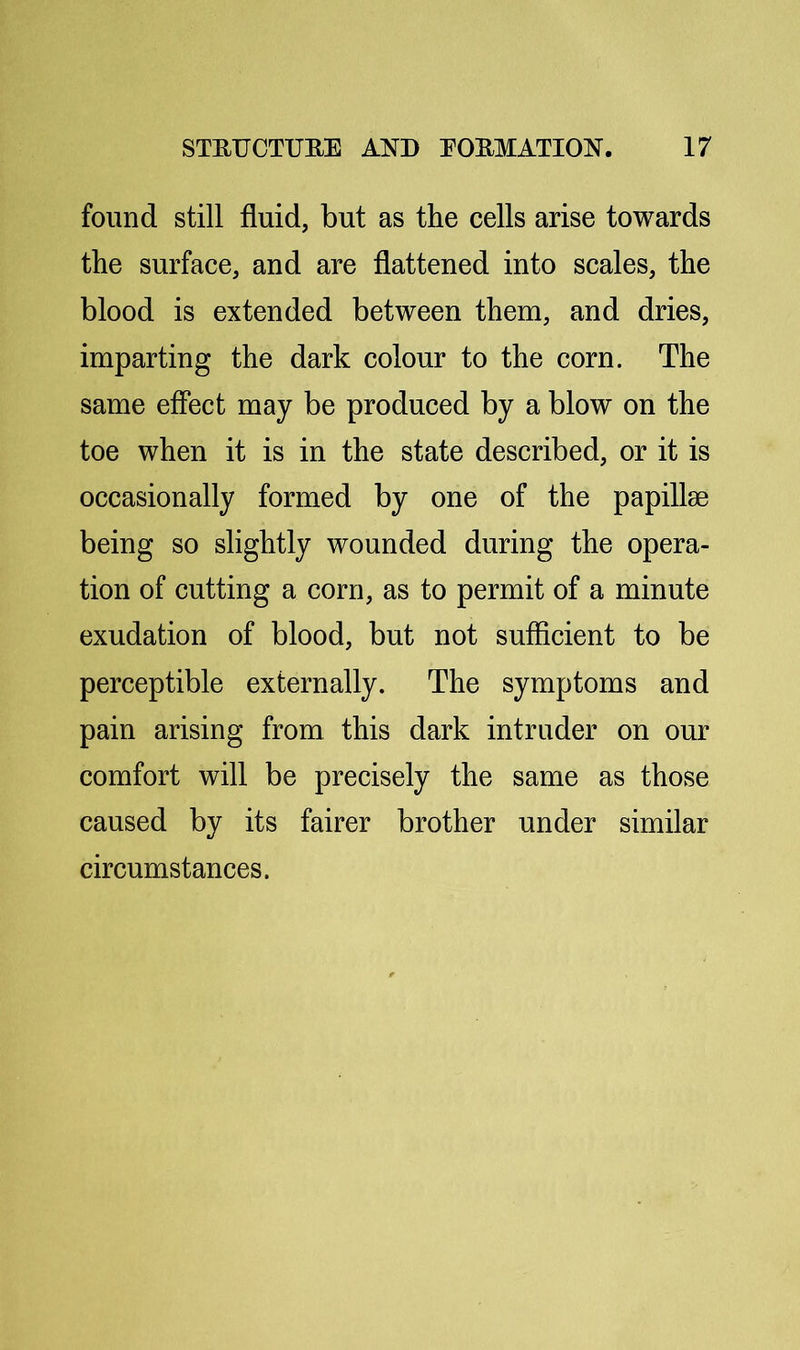 found still fluid, but as the cells arise towards the surface, and are flattened into scales, the blood is extended between them, and dries, imparting the dark colour to the corn. The same efiect may be produced by a blow on the toe when it is in the state described, or it is occasionally formed by one of the papillae being so slightly wounded during the opera- tion of cutting a corn, as to permit of a minute exudation of blood, but not sufficient to be perceptible externally. The symptoms and pain arising from this dark intruder on our comfort will be precisely the same as those caused by its fairer brother under similar circumstances.