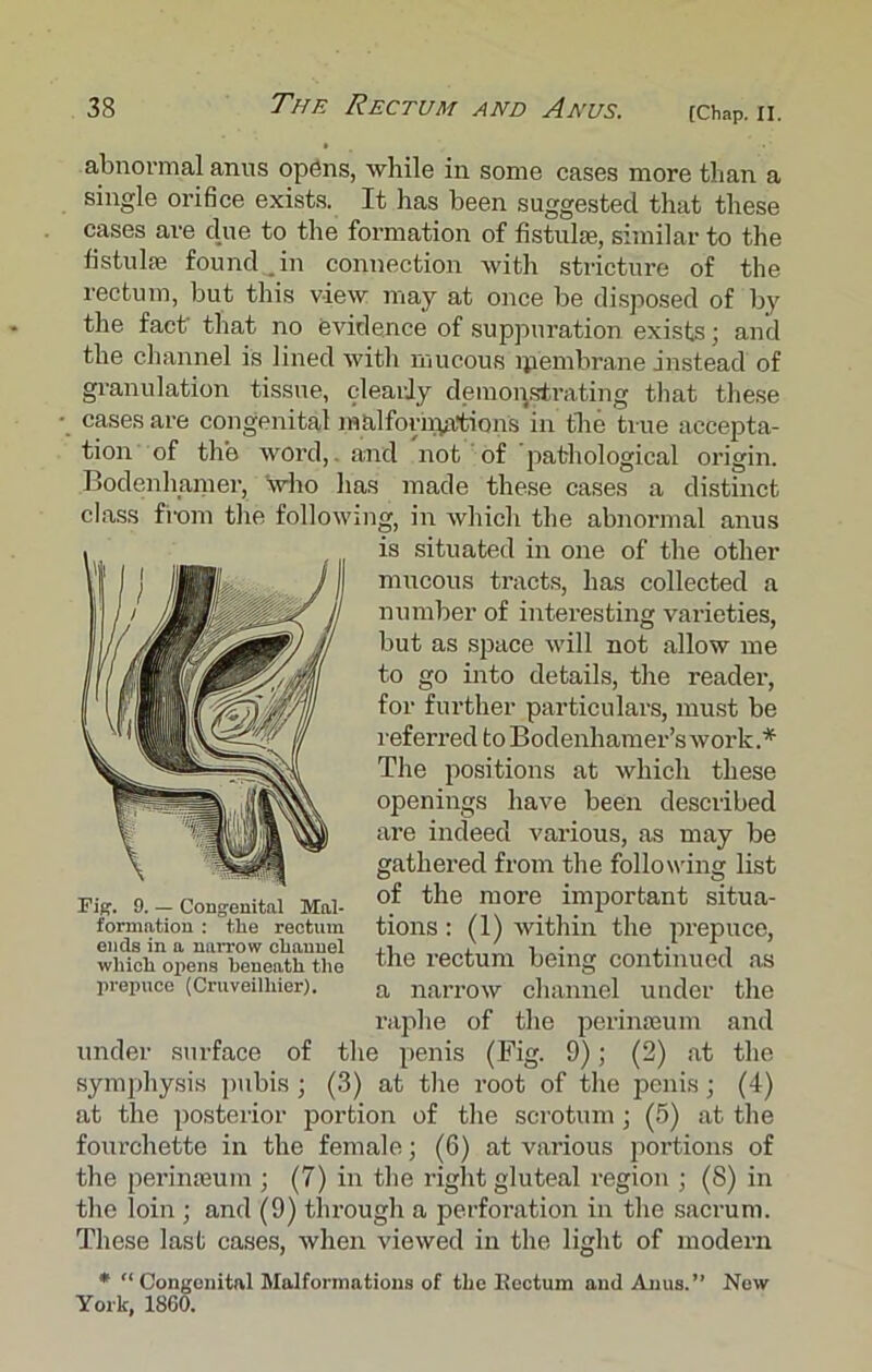 abnormal anus opens, while in some cases more than a single orifice exists. It has been suggested that these cases are due to the formation of fistula^ similar to the fistulas found in connection with stricture of the rectum, but this view may at once be disposed of by the fact' that no evidence of suppuration exists; and the channel is lined with mucous membrane instead of granulation tissue, clearly demonstrating that these • cases are congenital malforiryi’tions in the true accepta- tion of the word,, and not of pathological origin. Bodenhamer, who has made these cases a distinct class from the following, in which the abnormal anus is situated in one of the other mucous tracts, has collected a number of interesting varieties, but as space will not allow me to go into details, the reader, for further particulars, must be referred to Bodenhamer’s work.* The positions at which these openings have been described are indeed various, as may be gathered from the following list of the more important situa- tions : (1) within the prepuce, the rectum being continued as a narrow channel under the raphe of the perinaeum and under surface of the penis (Fig. 9); (2) at the symphysis pubis ; (3) at the root of the penis; (4) at the posterior portion of the scrotum; (5) at the fourchette in the female; (6) at various portions of the perinteum ; (7) in the right gluteal region ; (8) in the loin ; and (9) through a perforation in the sacrum. These last cases, when viewed in the light of modern * “Congenital Malformations of the Eectum and Anus.’’ New York, 1860. Fig. 9. — Congenital Mal- formation : the rectum ends in a narrow channel which opens beneath the prepuce (Cruveilhier).