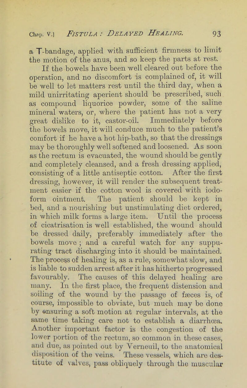 a T-bandage, applied with sufficient firmness to limit the motion of the anus, and so keep the parts at rest. If the bowels have been well cleared out before the operation, and no discomfort is complained of, it will be well to let matters rest until the third day, when a mild unirritating aperient should be prescribed, such as compound liquorice powder, some of the saline mineral waters, or, where the patient has not a very great dislike to it, castor-oil. Immediately before the bowels move, it will conduce much to the patient’s comfort if he have a hot hip-bath, so that the dressings may be thoroughly well softened and loosened. As soon as the rectum is evacuated, the wound should be gently and completely cleansed, and a fresh dressing applied, consisting of a little antiseptic cotton. After the first dressing, however, it will render the subsequent treat- ment easier if the cotton wool is covered with iodo- form ointment. The patient should be kept in bed, and a nourishing but unstimulating diet ordered, in which milk forms a large item. Until the process of cicatrisation is well established, the wound should be dressed daily, preferably immediately after the bowels move ; and a careful watch for any suppu- rating tract discharging into it should be maintained. The process of healing is, as a rule, somewhat slow, and is liable to sudden arrest after it has hitherto progressed favourably. The causes of this delayed healing are many. In the first place, the frequent distension and soiling of the Wound by the passage of fceces is, of course, impossible to obviate, but much may be done by ensuring a soft motion at regular intervals, at the same time taking care not to establish a diarrhoea. Another important factor is the congestion of the lower portion of the rectum, so common in these cases, and due, as pointed out by Verneuil, to the anatomical disposition of the veins. These vessels, which are des- titute of valves, pass obliquely through the muscular