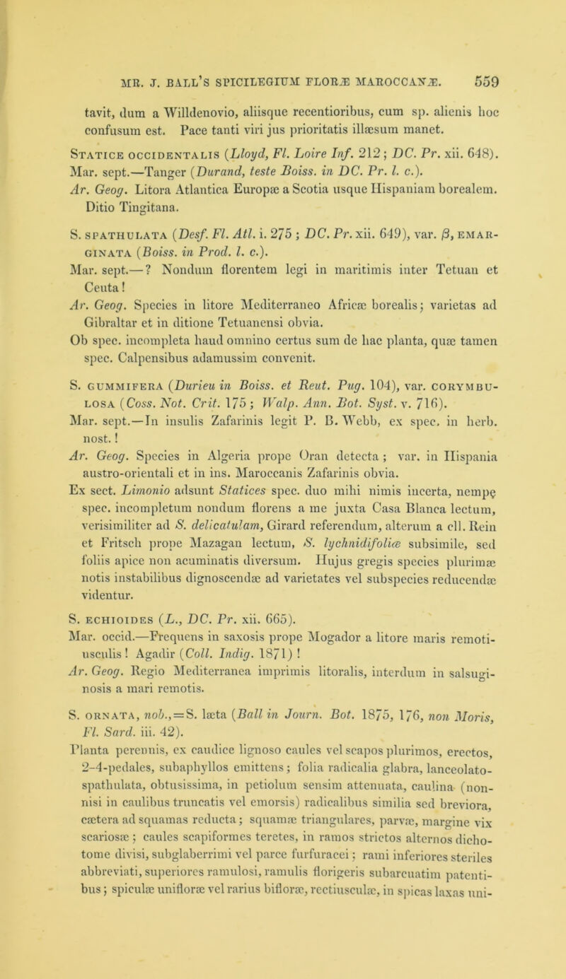 tavit, dum a Willdenovio, aliisque recentioribus, cum sp. alienis hoc confusum est. Pace tanti viri jus prioritatis illaesum manet. Statice occidentalis {Lloyd, FI. Loire Inf. 212; DC. Pr. xii. 648). Mar. sept.—Tanger {Durand, teste Boiss. in DC. Pr. 1. c.). Ar. Geoy. Litora Atlantica Europae a Scotia usque Hispaniam borealem. Ditio Tingitana. S. spathulata {Desf. FI. Atl. i. 275 ; DC. Pr. xii. 649), var. /3, emar- ginata {Boiss. in Prod. 1. c.). Mar. sept.— ? Nondmn tlorentem legi in maritimis inter Tetuan et Ceuta! Ar. Geoy. Species in litore Mediterraneo Africae borealis; varietas ad Gibraltar et in ditione Tetuancnsi obvia. Ob spec, incompleta baud omnino certus sum de liac planta, quae tamen spec. Calpensibus adamussim convenit. S. gummifera {Durieu in Boiss. et Reut. Pity. 104), var. corymbu- losa {Coss. Not. Crit. 1/5 ; Walp. Ann. Rot. Syst. v. 716). Mar. sept.—In insulis Zafarinis legit P. B. Webb, ex spec, in herb, nost.! Ar. Geoy. Species in Algeria propc Oran detecta ; var. in Ilispania austro-orientali et in ins. Maroccanis Zafarinis obvia. Ex sect. Limonio adsunt Statices spec, duo mihi nimis inccrta, nernpc spec, incompletum nondum florens a me juxta Casa Blanca lectum, verisimiliter ad S. delicaiulam, Girard referendum, alterum a ell. Rein et Fritsch prope Mazagan lectum, S. lychnidifolice subsimile, sed foliis apice non acuminatis diversum. Hujus gregis species plurima? notis instabilibus dignoscendae ad varietates vel subspecies reducendm videntur. S. echioides {L., DC. Pr. xii. 665). Mar. occid.—Frequens in saxosis prope Mogador a litore maris remoti- usculis! Agadir {Coll. Indiy. 1871) ! Ar. Geoy. Regio Mediterranea imprimis litoralis, interdum in salsugi- nosis a mari remotis. S. ornata, nob., = S. laeta {Ball in Journ. Bot. 1875, 176, non Moris, FI. Sard. iii. 42). Planta perenuis, ex caudice lignoso caules vel scapos plurimos, erectos, 2-4-pedales, subaphyllos emittens; folia radicalia glabra, lanceolato- spathulata, obtusissima, in petiolum sensim attenuata, caulina- (non- nisi in caulibus truncatis vel emorsis) radicalibus similia sed breviora, caetcra ad squamas reducta; squamae triangulares, parvae, margine vix scariosae ; caules scapiformcs teretes, in ramos strictos alternos dicho- tome divisi, subglaberrimi vel parce furfuracei; rami inferiores steriles abbreviati, superiores ramulosi, ramulis florigeris subarcuatim patenti- bus; spiculae uniflorae vel rarius biflorae, rectiusculoc, in spicas laxas uni-