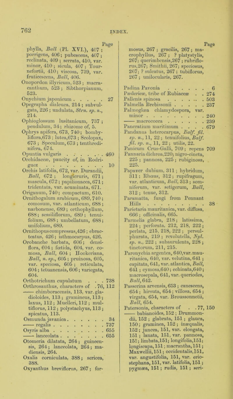 phylla, Ball (PI. XYI.), 407 ; porrigcns, 40G ; pubescens, 407 ; reclinata, 409 ; serrata, 410, var. minor, 410 ; sieula, 407 ; Tour- nefortii, 410; viscosa, 739, var. fruticescens, Ball, 406. Onopordon illyricum, 523 ; macra- canthum, 523 ; Sibthorpianum, 523. Onychium japonicum 27 Opegrapha dialeuca, 214 ; subvul- gata, 226 ; undulata, Strn. sp. n., 214. Ophioglossum lusitanicum, 737 ; pendulum, 34; rhizome of, 5. Ophrys apifera, 673, 740; bomby- litlora,673 ; lutea,673 ; Scolopax, 673 ; Speculum, 673 ; tenthredi- nifera, 674. Opuntia vulgaris - . 460 Orchidacea?, paucity of, in Rodri- guez 10 Orchis latifolia, 672, var. Durandii, Ball, 672 ; longicruris, 671; mascula, 672 ; papilionacea, 671; tridentata, var. acuminata, 671. Origanum, 740; compactum, 610. Ornithogalum arabicum, 689, 740 ; comosum, var. atlanticum, 688 ; narbonense, 689; orthophyllum, 688; sessiliflorum, 689 ; tenui- folium, 688 ; umbellatum, 688; unifolium, 689. Ornithopuscompressus,426; ebrac- teatus, 426 ; isthmocarpus, 426. Orobanche barbata, 606; densi- flora, 604; fcetida, 604, var. co- mosa, Ball, 604 ; Hookeriana, Ball, n. sp., 605 ; pruinosa, 605, var. speciosa, 605 ; reticulata, 604; tetuanensis, 606 ; variegata, 604. Orthotrichum cupulatum . . . 738 Orthrosanthus, characters of . 76, 112 chimboracensis, 113, var. gla- dioloides, 113; gramineus, 113 ; laxus, 112; Muelleri, 112 ; mul- tiflorus, 112 ; polystachyus, 113 ; spicatus, 113. Osmunda javanica 34 • regalis 737 Osyris alba 655 lanceolata 655 Otomeria dilatata, 264 ; guineen- sis, 264; lanceolata, 264; rna- diensis, 264. Oxalis corniculata, 388; sericea, 388. Oxyanthus breviflorus, 267; for- mosus, 267 ; gracilis, 267; ma- crophyllus, 267 ; ? platystylis, 267; querimbcnsis,267; rubriflo- rus,267; Smithii, 267; speciosus, 267; ? sulcatus, 267 ; tubiflorus, 267; unilocularis, 267. Page Padina Pavonia 6 Peederiese, tribe of Rubiacese . . 274 Pallenis spinosa 503 Palmella Brebissonii 237 Palmogloea clilamydospora, var. minor 240 macrococca 239 Pancratium maritimum .... 679 Pandanu3 heterocarpus, Half. fil. sp. n., 11, 22 ; tenuifolius, Balf. fil. sp. n., 11, 22 ; utilis, 22. Panicum Crus-Galli, 709; repens 709 Pannariadichroa,220; nigro-cincta, 225 ; pannosa, 225 ; rubiginosa, 225. Papaver dubium, 311; hybridum, 311; Rhoeae, 312 ; rupifragum, var. atlanticum, Ball, 313 ; som- niferum, var. setigerum, Ball, 312 ; tenue, 312. Paramatta, fungi from Pennant Hills 38 Parietaria mauritanica, var. diffusa, 666 ; officinalis, 665. Parmelia glabra, 218; latissima, 224 ; perforata, 212, 218, 222; perlata, 215, 218, 222 ; persul- phurata, 219 ; revolutella, Nyl. sp. n., 222 ; subaurulenta, 228 ; tinctorum, 211, 215. Paronychia argentea, 640,var.mau- ritanica, 640, var. velutina, 641 ; capitata, 641, var. atlantica, Ball, 641 ; cymosa,640; ecliinata,640; macrosepala, 641, var. queriodes, Ball, 642. Passerina arvensis, 653 ; canescens, 654 ; liirsuta, 654 ; villosa, 654 ; virgata, 654, var. Broussonnetii, Ball, 654. Patersonia, characters of . . 77, 150 babianoides, 152 ; Drummon- dii, 152 ; glabrata, 151 ; glauca, 150; graminea, 152; insequalis, 152 ; juncea, 151, var. elongata, 151 ; lanata, 151, var. pannosa, 151; limbata,151; longifolia,151; longiscapa, 151; macrantha, 151; Maxwellii,151; occidentalis,151, var. angustifoha, 151, var. erio- stephana, 151, var. latifolia, 151; pygmaoa, 151 ; rudis, 151 ; seri-