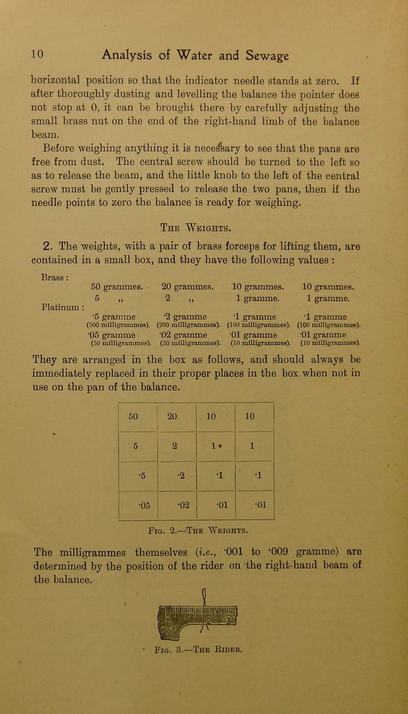 horizontal position so that the indicator needle stands at zero. If after thoroughly dusting and levelling the balance the pointer does not stop at 0, it can be brought there by carefully adjusting the small brass nut on the end of the right-hand limb of the balance beam. Before weighing anything it is necessary to see that the pans are free from dust. The central screw should be turned to the left so as to release the beam, and the little knob to the left of the central screw must be gently pressed to release the two pans, then if the needle points to zero the balance is ready for weighing. The Weights. 2. The weights, with a pair of brass forceps for lifting them, are contained in a small box, and they have the following values : Brass: 50 grammes. 20 grammes. 5 j> 2 ,, Platinum : '5 gramme *2 gramme (500 milligrammes). (200 milligrammes). •05 gramme '02 gramme (50 milligrammes). (20 milligrammes). 10 grammes. 1 gramme. •1 gramme (100 milligrammes). •01 gramme (10 milligrammes). 10 grammes. 1 gramme. •1 gramme (100 milligrammes). •01 gramme (10 milligrammes). They are arranged in the box as follows, and should always be immediately replaced in their proper places in the box when not in use on the pan of the balance. 50 20 10 10 5 2 !• 1 •5 •2 •1 •1 •05 •02 •01 •01 Fig. 2.—The Weights. The milligrammes themselves {i.e., '001 to *009 gramme) are determined by the position of the rider on the right-hand beam of the balance. • Fig. 3.—The Bider.