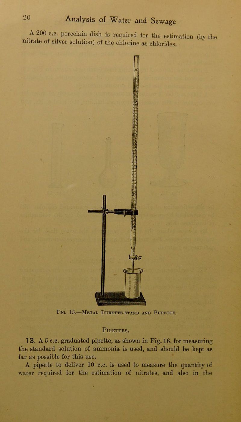 ^ A 200 c.c. porcelain dish is required for the estimation (by the nitrate of silver solution) of the chlorine as chlorides. Pipettes. 13. A 5 c.c. graduated pipette, as shown in Fig. 16, for measuring the standard solution of ammonia is used, and should be kept as far as possible for this use. A pipette to deliver 10 c.c. is used to measure the quantity of water required for the estimation of nitrates, and also in the