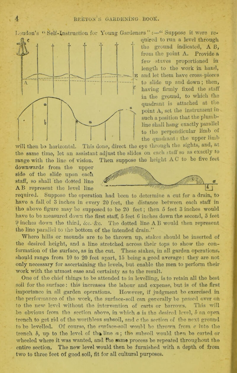 Loudon’s “ Self-instruction for Young Gardeners” :—‘“ Suppose it were re- c , quired to run a level through the ground indicated, A 13, from the point A. Provide a few staves proportioned in iength to the work in hand, and let them have cross-pieces to slide up and down; then, having firmly fixed the staff in the ground, to which the quadrant is attached at the point A, set the instrument in such a position that the plumb- line shall hang exactly parallel to the perpendicular limb of the quads ant : the upper limb will thou ho horizontal. This done, direct the oye through the sights, and, at tho same time, let an assistant adjust the slides on each fluff so as exactly to range with tho lino of vision. Then suppose the height AC to be five feet downwards from the upper side of the slide upon each staff, so shall tho dotted lino AB represent tho level line  - ^ required. Supposo the operation had been to determine a cut for a drain, to havo a fall of 3 inches in every 20 feet, the distance between each staff in tho above figure may be supposed to be 20 feet; then 5 feet 3 inches would havo to be measured down the first staff, 5 feet G inches down the second, 5 feet 0 inches down the third, &c.-&c. The dotted line A13 would ihen represent the lino parallel to the bottom of the intended drain.” Whero hills or mounds are to be thrown up, stakes should be inserted of the desired height, and a line stretched across their tops to show the con- formation of the surface, as in the cut. These stakes, in all garden operations, should range from 10 to 20 feet apart, 15 being a good average : they are not only necessary for ascertaining tho levels, but enable the men to perform then- work with the utmost ease and certainty as to the result. One of tho chief things to be attended to in levelling, is to retain all the best soil for tho surface: this increases the labour and expense, but is of the first importance in all garden operations. However, if judgment be exercised in the performance of the work, the surface-soil can generally ho passed over on to the new level without the intervention of carts or barrows. This will be obvions from tho section above, in which a is the desired level, b an open trench to get rid of the worthless subsoil, and c the section of the next ground to be levelled. Of course, the surface-soil would he thrown from c into Ihe trench b, up to the level of tho line a ; the subsoil would then he carted or wheeled where it was wanted, and the same process be repeated throughout the entire section. The new level would then be furnished with a depth of from two to three feet of good soil, fit for all cultural purposes.