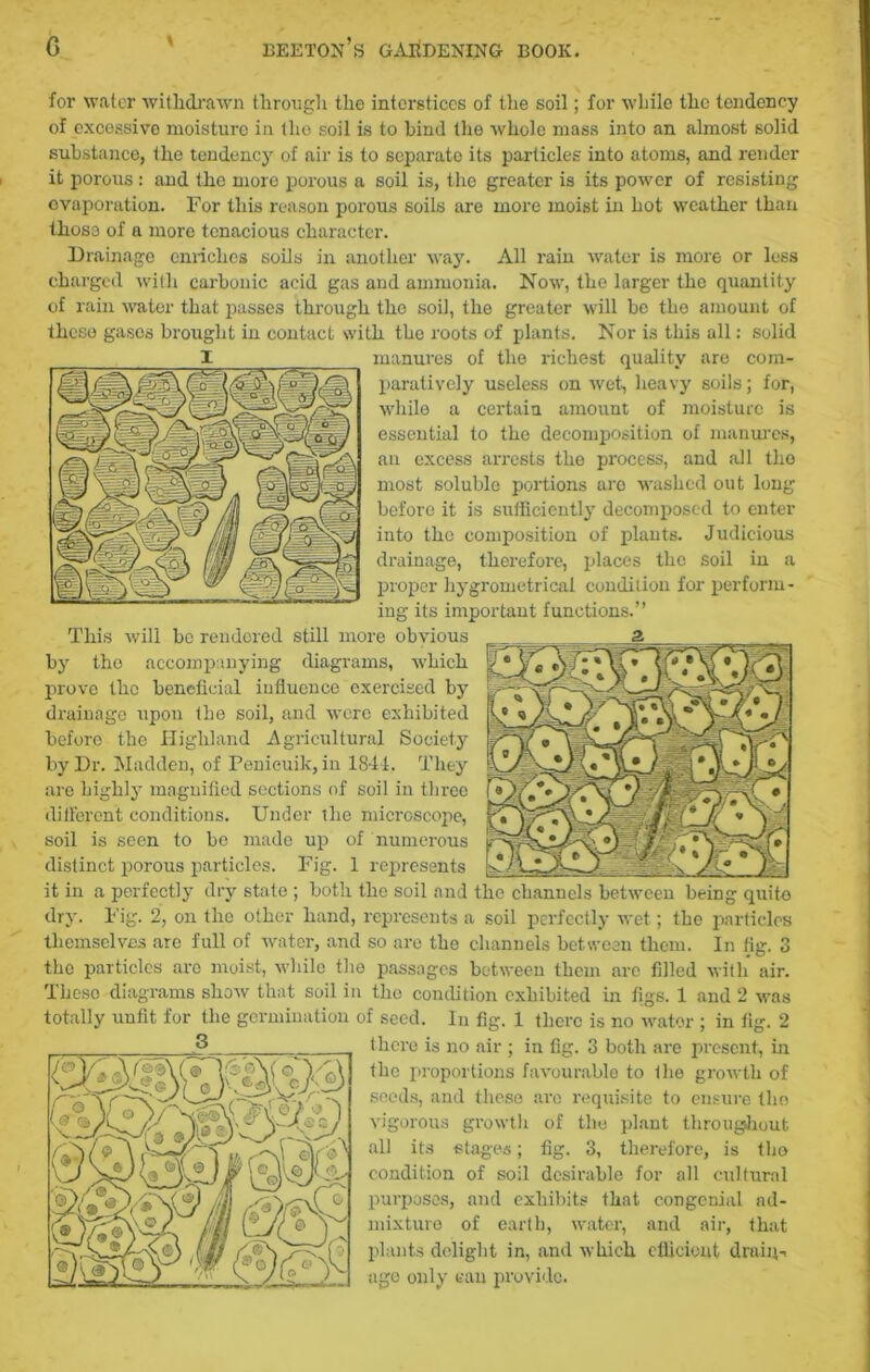 G for water withdrawn through the interstices of the soil; for while the tendency of excessive moisture in the soil is to hind the whole mass into an almost solid substance, the tendency of air is to separate its particles into atoms, and render it porous : and the moro porous a soil is, the greater is its power of resisting evaporation. For this reason porous soils are more moist in hot weather than those of a more tenacious character. Drainage enriches soils in another way. All rain water is more or less charged with carbonic acid gas and ammonia. Now, the larger the quantity of rain water that passes through the soil, the greater will be tbe amount of these gases brought in contact with the roots of plants. Nor is this all: solid manures of the richest quality are com- paratively useless on wet, heavy soils; for, while a certain amount of moisture is essential to the decomposition of manures, an excess arrests the process, and all the most soluble portions are washed out long before it is sufficiently decomposed to enter into the composition of plants. Judicious drainage, therefore, places the soil in a proper hygrometrical condition for perform- ing its important functions.” This will bo rendered still more obvious by the accompanying diagrams, which prove the beneficial influence exercised by drainage upon the soil, and were exhibited beforo the Highland Agricultural Society7 by Dr. Madden, of Penicuik, in 1844. They arc highly7 magnified sections of soil in three different conditions. Under the microscope, soil is seen to be made up of numerous distinct porous particles. Fig. 1 represents it in a perfectly dry state ; both the soil and the channels between being quite dry. Fig. 2, on the other hand, represents a soil perfectly wet; the particles themselves are full of water, and so are the channels between them. In fig. 3 tbe particles are moist, while the passages between them are filled with air. These diagrams show that soil in the condition exhibited in figs. 1 and 2 was totally unfit for the germination of seed. In fig. 1 there is no water ; in fig. 2 there is no air ; in fig. 3 both are present, in the proportions favourable to fhe growth of seeds, and these arc requisite to ensure the vigorous growth of the plant throughout all its stages; fig. 3, therefore, is the condition of soil desirable for all cultural purposes, and exhibits that congenial ad- mixture of earth, water, and air, that plants delight in, and which efficient drain-, age only can provide.