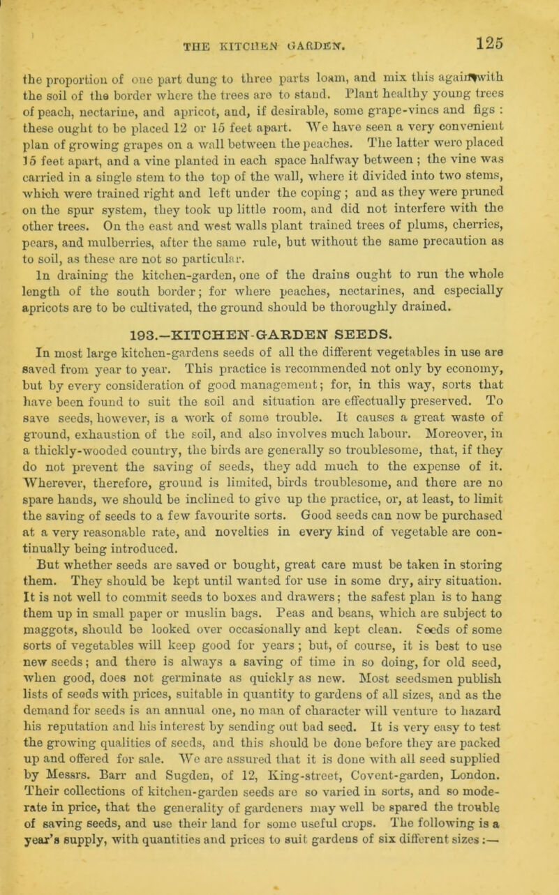 the proportion of one part dung- to three parts loam, and mix this agair^with the soil of the border where the trees are to stand. Plant healthy young trees of peach, nectarine, and apricot, and, if desirable, some grape-vines and figs : these ought to bo placed 12 or 15 feet apart. We have seen a very convenient plan of growing grapes on a wall between the peaches. The latter wero placed 15 feet apart, and a vine planted in each space halfway between ; the vine was carried in a single stem to the top of the wall, where it divided into two stems, which wero trained right and left under the coping ; and as they wero pruned on the spur system, they took up little room, and did not interfere with the other trees. On tho east and west walls plant trained trees of plums, cherries, pears, and mulberries, after the same rule, but without the same precaution as to soil, as these are not so particular. In draining the kitchen-garden, one of the drains ought to run the whole length of tho south border; for where peaches, nectarines, and especially apricots are to be cultivated, the ground should be thoroughly drained. 193.—KITCHEN-GARDEN SEEDS. In most large kitchen-gardens seeds of all the different vegetables in use are saved from year to year. This practice is recommended not only by economy, but by every consideration of good management; for, in this way, sorts that have been found to suit tho soil and situation are effectually preserved. To save seeds, however, is a work of some trouble. It causes a great waste of ground, exhaustion of the soil, and also involves much labour. Moreover, in a thickly-wooded country, the birds are generally so troublesome, that, if they do not prevent the saving of seeds, they add much to the expense of it. Wherever, therefore, ground is limited, birds troublesome, and there are no spare hands, we should be inclined to give up the practice, or, at least, to limit the saving of seeds to a few favourite sorts. Good seeds can now be purchased at a very reasonable rate, and novelties in every kind of vegetable are con- tinually being introduced. But whether seeds are saved or bought, great care must be taken in storing them. They should be kept until wanted for use in some dry, airy situation. It is not well to commit seeds to boxes and drawers; the safest plan is to hang them up in small paper or muslin bags. Peas and beans, which are subject to maggots, should be looked over occasionally and kept clean. Seeds of some sorts of vegetables will keep good for years; but, of course, it is best to use new seeds; and thero is always a saving of time in so doing, for old seed, when good, does not germinate as quickly as new. Most seedsmen publish lists of seods with prices, suitable in quantity to gardens of all sizes, and as the demand for seeds is an annual one, no man of character will venture to hazard his reputation and his intex-est by sending out bad seed. It is very easy to test the growing qualities of seeds, and this should be done before they are packed up and offered for sale. We are assured that it is done with all seed supplied by Messrs. Barr and Sugden, of 12, King-street, Covent-garden, London. Their collections of kitchen-garden seeds arc so varied in sorts, and so mode- rate in price, that the generality of gardeners may well be spared the trouble of saving seeds, and use their land for some useful crops. The following is a year’s supply, with quantities and prices to suit gardens of six different sizes:—