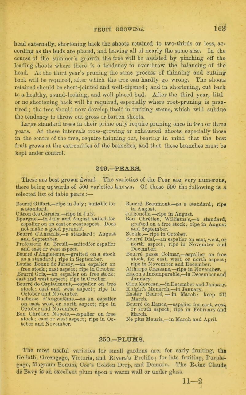 head externally, shortening back the shoots retained to two-thirds or loss, ac- cording as the buds are placed, and leaving all of nearly the same size. In the courso of the summer's growth the tree will bo assisted by pinching off the leading shoots where there is a tendency to overthrow the balancing of the head. At the third year’s pruning the same process of thinning and cutting back will be required, after which the tree can hardly go wrong. Tho shoots retained should be short-jointed and well-ripened; and in shortening, cut back to a healthy, sound-looking, and well-placed bud. After the third year, littl or no shortening back will bo required, especially where root-pruning is prac- ticed ; the tree should now develop itself in fruiting stems, which will subdue the tendency to throw out gross or barren shoots. Large standard trees in their prime only require pruning once in two or threo yoars. At these intervals cross-growing or exhausted shoots, especially thoso in the centre of the tree, require thinning out, bearing in mind that tho best fruit grows at the extremities of the branches, and that these branches must be kept under control. 249.—PEARS. These are best grown dwarf. The varieties of the Pear are very numerous, there being upwards of 500 varieties known. Of these 500 tho following is a selected list of table pears :— Beurrd Giffart,—ripe in July; suitable for a standard. Citron des Carmes,—ripe in July. Epargne,—in July and August, suited for espalier on an east or west aspect. Does not make a good pyramid. Beurrd d’Amanlis,—a standard; August and September. Professeur du Breuil,—suitedfor espalier and east or west aspect. Beurrd d’Angleterre,—grafted on a stock as a standard ; ripe in September. Louise BonDe do Jersey,—an espalier on freo stock; east aspect; ripe in October. Beurrd Gris,—an espalier on free stock; east and west aspect; ripe in October. Beurrd de Capiaumont,—espalier on free stock; east and west aspect; ripe in October and November. Duchesse d’Angoulcme.—as an espalier on east, west, or north aspect; ripe in October and November. Bon Chrdtien Napole,—espalier on free stock; east or west aspect; ripe in Oc- tober and November. Beurrd Beaumont,—as a standard; ripe in August. Jargonelle,—ripe in August. Bon Chrdtien, Williams’s,—a standard, grafted on a free stock; ripe in August and September. Secklo,— ripe in October. Beurrd Diel,—an espalier on east, west, or north aspect; ripe in November and December. Beurrd passe Colmar,—espalier on free stock, for east, west, or north aspect; ripe in November and December. Althorpe Crassane,—ripe in November. Bacon's Incomparable,—in December and January. Glou Morceau,—in December and January. Knight’s Monarch,—in January. Easter Beurrd, — in March: keep till March. Beurrd de Ranee,—espalier for east, west, or south aspect; ripe in February and March. Ne plus Meuris,—in March and April. 250.—PLUMS. The most useful varieties for small gardens are, for early fruiting, the Goliath, Greengage, Victoria, and Rivers’s Prolific; for late fruiting, Furple- gage, Magnum Bonum, Goe’s Golden Drop, and Damson. Tho Reine Claude de Bavy is an excellent plum upon a warm wall or under glass. 11—2
