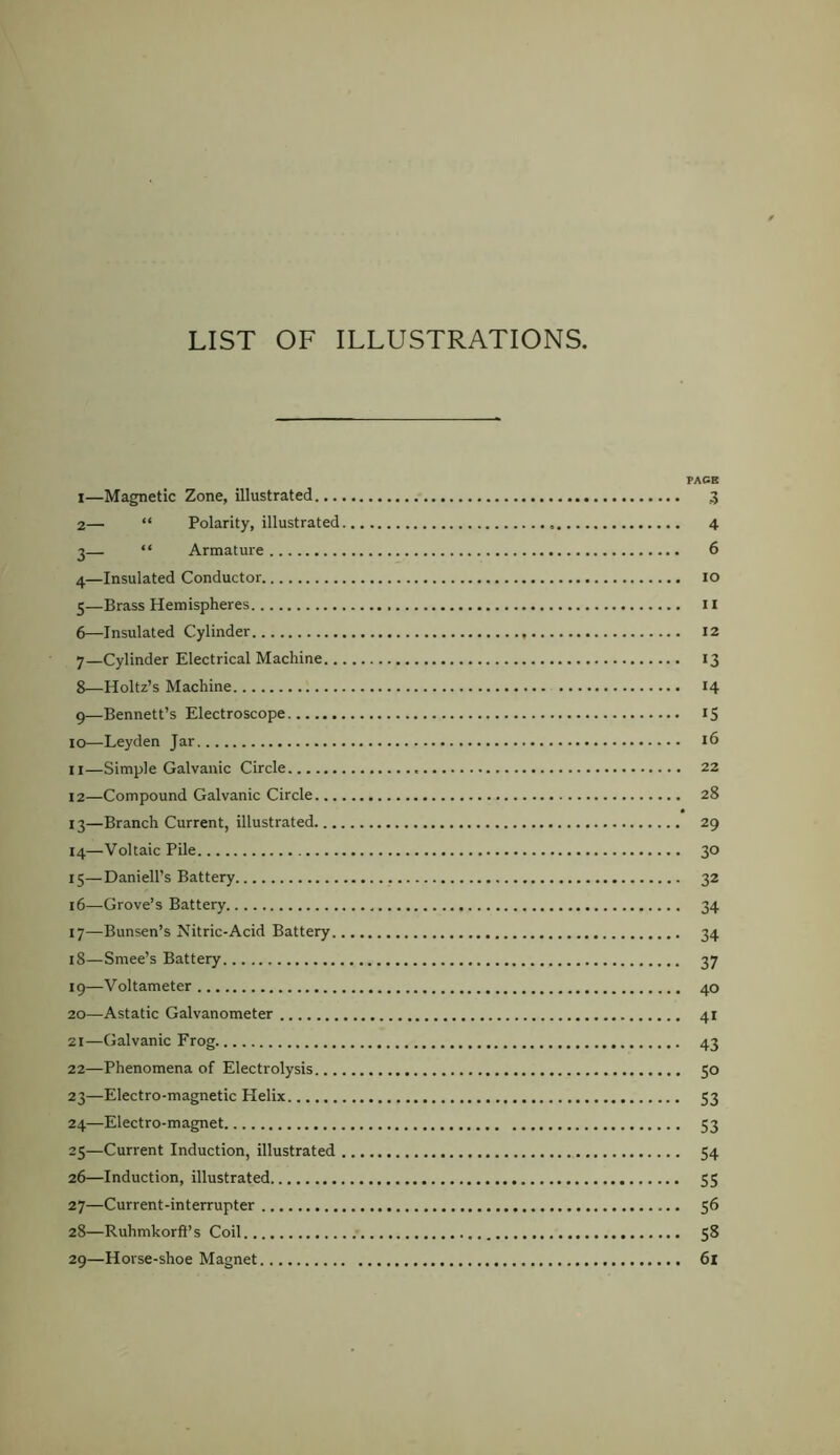 LIST OF ILLUSTRATIONS. FACB 1— Magnetic Zone, illustrated 3 2— “ Polarity, illustrated 4 3— “ Armature 6 4— Insulated Conductor 10 5— Brass Hem ispheres 11 6— Insulated Cylinder 12 7— Cylinder Electrical Machine 13 8— Holtz’s Machine 14 9— Bennett’s Electroscope iS 10— Leyden Jar 16 11— Simple Galvanic Circle 22 12— Compound Galvanic Circle 28 13— Branch Current, illustrated 29 14— Voltaic Pile 30 15— Daniell’s Battery 32 16— Grove’s Battery 34 17— Bunsen’s Nitric-Acid Battery 34 18— Smee’s Battery 37 19— Voltameter 40 20— -Astatic Galvanometer 41 21— Galvanic Frog 43 22— Phenomena of Electrolysis 50 23— Electro-magnetic Helix 53 24— Electro-magnet 53 25— Current Induction, illustrated 54 26— Induction, illustrated 55 27— Current-interrupter 56 28— Ruhmkorft’s Coil 58 29— Horse-shoe Magnet 6i