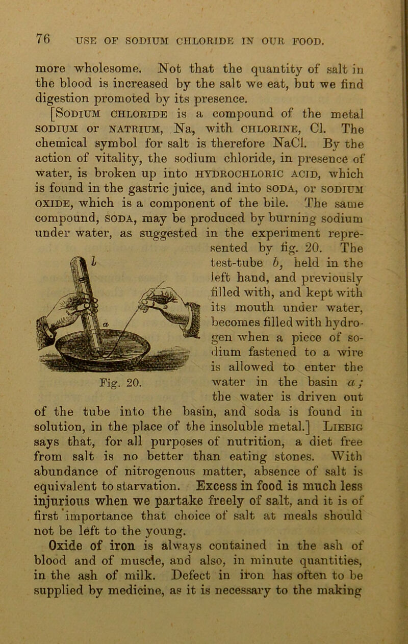 more wholesome. Not that the quantity of salt in the blood is increased by the salt we eat, but we find digestion promoted by its presence. [Sodium chloride is a compound of the metal sodium or natrium, Na, with chlorine, Cl. The chemical symbol for salt is therefore NaCl. By the action of vitality, the sodium chloride, in presence of water, is broken up into hydrochloric acid, which is found in the gastric juice, and into soda, or sodium oxide, which is a component of the bile. The same compound, soda, may be produced by burning sodium under water, as suggested in the expeifiment repre- sented by fig. 20. The test-tube h, held in the left hand, and previously filled with, and kept with its mouth under water, becomes filled with hydro- gen when a piece of so- dium fastened to a wire is allowed to enter the water in the basin a; the water is driven out of the tube into the basin, and soda is found in solution, in the place of the insoluble metal.] Liebig says that, for all purposes of nutrition, a diet free from salt is no better than eating stones. With abundance of nitrogenous matter, absence of salt is equivalent to starvation. Excess in food is much less injurious when we partake freely of salt, and it is of first importance that choice of salt at meals should not be left to the young. Oxide of iron is always contained in the ash of blood and of muscle, and also, in minute quantities, in the ash of milk. Defect in iron has often to be supplied by medicine, as it is necessary to the making