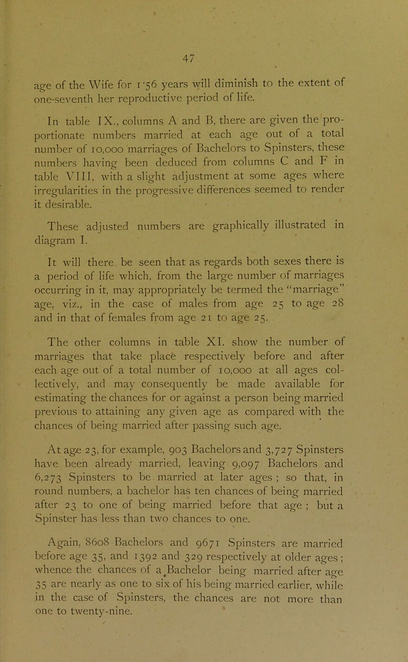 a^e of the Wife for i’56 years will diminish to the extent of one-seventh her reproductive period of life. In table IX., columns A and B, there are given the'pro- portionate numbers married at each age out of a total number of 10,000 marriages of Bachelors to Spinsters, these numbers having been deduced from columns C and F in table VIII, with a slight adjustment at some ages where irregularities in the progressive differences seemed to render it desirable. These adjusted numbers are graphically illustrated in diagram I. It will there, be seen that as regards both sexes there is a period of life which, from the large number of marriages occurring in it, may appropriately be termed the “marriage” age, viz., in the case of males from age 25 to age 28 and in that of females from age 21 to age 25. The other columns in table XI. show the number of marriages that take place respectively before and after each age out of a total number of 10,000 at all ages col- lectively, and may consequently be made available for estimating the chances for or against a person being married previous to attaining any given age as compared with the chances of being married after passing such age. At ag£ 23, for example, 903 Bachelors and 3,727 Spinsters have been already married, leaving 9,097 Bachelors and 6,273 Spinsters to be married at later ages; so that, in round numbers, a bachelor has ten chances of being married after 23 to one of being married before that age ; but a Spinster has less than two chances to one. Again, 8608 Bachelors and 9671 Spin.sters are married before age 35, and 1392 and 329 respectively at older ages; whence the chances of a ^Bachelor being married after age 35 are nearly as one to six of his being married earlier, while in the ca.se of Spinsters, the chances are not more than one to twenty-nine.