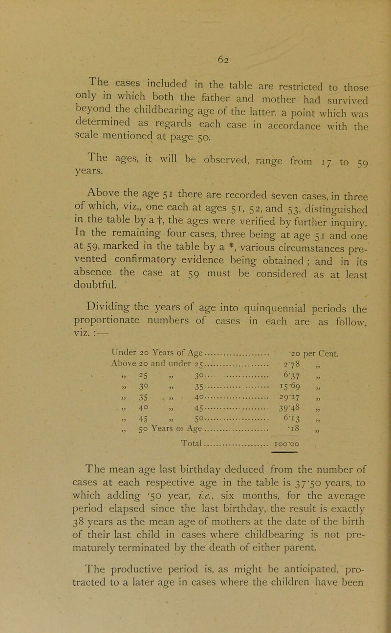 The cases included in the table are restricted to those only in which both the father and mother had survived beyond the childbearing age of the latter, a point which was determined as regards each case in accordance with the scale mentioned at page 50. The ages, it will be observed, range from 17 to 59 years. Above the age 51 there are recorded seven cases, in three of which, viz,, one each at ages 51, 52, and 53, distinguished in the table by a f, the ages were verified by further inquiry. In the remaining four cases, three being at age 51 and one at 59, marked in the table by a *, various circumstances pre- vented confirmatory evidence being obtained ; and in its absence the case at 59 must be considered as at least doubtful. Dividing the years of age into quinquennial periods the proportionate numbers of cases in each are as follow, viz. :■—- Under 20 Year.s of Age -20 per Cent. 20 and under 25 25 >> 30 6-37 yy 30 » 35 15’69 yy 35 >> 40 29-17 yy 40 fy 45 39'48 yy 45 yy 50 6-13 yy 50 Years 01 Age -i8 yy Total The mean age last birthday deduced from the number of cases at each respective age in the table is 37'50 years, to which adding ‘50 year, ie., six months, for the average period elapsed since the last birthday, the result is exactly 38 years as the mean age of mothers at the date of the birth of their last child in cases where childbearing is not pre- maturely terminated by the death of either parent. The productive period is, as might be anticipated, pro- tracted to a later age in cases where the children have been