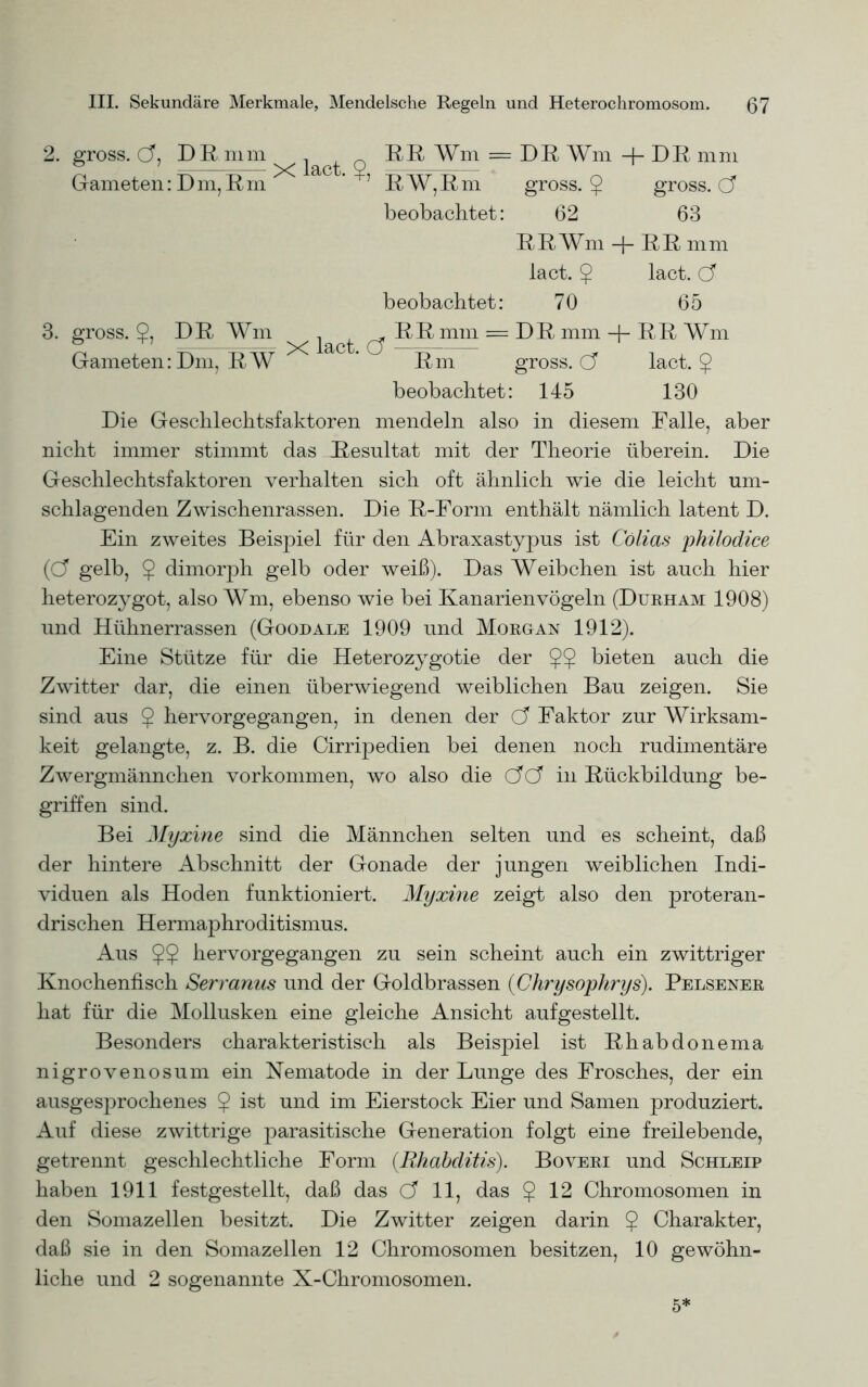 2. gross. CT, DR mm ^ RR Wm = DR Wm + DR mm Gameten: Dm, Rm 7 RW,Rm gross.? gross. Cf beobachtet: 62 63 RRWm-J-RRmm lact. ? lact. C? beobachtet: 70 65 3. gross. 2, DR Wm . RR mm = DR mm -j- RR Wm Gameten: Dm, R W Rm gross. & lact. $ beobachtet: 145 130 Die Geschlechtsfaktoren mendeln also in diesem Falle, aber nicht immer stimmt das Resultat mit der Theorie überein. Die Geschlechtsfaktoren verhalten sich oft ähnlich wie die leicht um- schlagenden Zwischenrassen. Die R-Form enthält nämlich latent D. Ein zweites Beispiel für den Abraxastypus ist Cölias philodice (Ö gelb, ? dimorph gelb oder weiß). Das Weibchen ist auch hier heterozygot, also Wm, ebenso wie bei Kanarienvögeln (Durham 1908) und Hühnerrassen (Goodale 1909 und Morgan 1912). Eine Stütze für die Heterozygotie der ?? bieten auch die Zwitter dar, die einen überwiegend weiblichen Bau zeigen. Sie sind aus ? hervorgegangen, in denen der Ö Faktor zur Wirksam- keit gelangte, z. B. die Cirripedien bei denen noch rudimentäre Zwergmännchen Vorkommen, wo also die CTC? in Rückbildung be- griffen sind. Bei Myxine sind die Männchen selten und es scheint, daß der hintere Abschnitt der Gonade der jungen weiblichen Indi- viduen als Hoden funktioniert. Myxine zeigt also den proteran- drischen Hermaphroditismus. Aus ?? hervorgegangen zu sein scheint auch ein zwittriger Knochenfisch Serranus und der Goldbrassen (Chrysophrys). Pelsener hat für die Mollusken eine gleiche Ansicht aufgestellt. Besonders charakteristisch als Beispiel ist Rhabdonema nigrovenosum ein Nematode in der Lunge des Frosches, der ein ausgesprochenes ? ist und im Eierstock Eier und Samen produziert. Auf diese zwittrige parasitische Generation folgt eine freilebende, getrennt geschlechtliche Form (Rhabditis). Boveri und Schleip haben 1911 festgestellt, daß das Ö 11, das $ 12 Chromosomen in den Somazellen besitzt. Die Zwitter zeigen darin ? Charakter, daß sie in den Somazellen 12 Chromosomen besitzen, 10 gewöhn- liche und 2 sogenannte X-Chromosomen. 5*