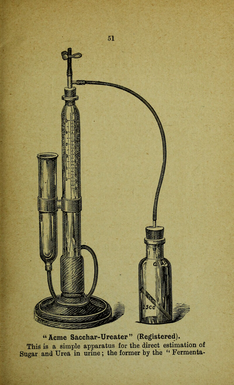 “Acme Sacchar-Ureater” (Registered). This is a simple apparatus for the direct estimation of Sugar and Urea in urine; the former by the “ Fermenta-