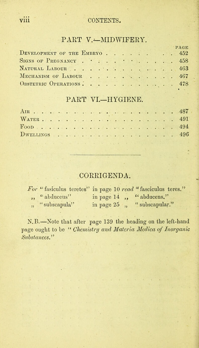 PART V.^MIDWIFERY. PAGE , Development of the Embryo , . 452 Signs op Pregnancy 458 Natural Labour . . . . . ■ . . . . . .. . . 463 Mechanism op Labour 467 Obstetric Operations 478 PART VL—HYGIENE. Air 487 Water 491 Food 494 Dwellings 496 CORRIGENDA. For “fasiculus teretes” in page 10 read “fasciculus teres.’^ ,, “abduceiis” in page 14 ,, “abducens.” „ “subscapula” in page 25 ,, “subscapular.” N.B.—Note that after page 139 the heading on the left-hand page ought to be “ Chemistry and Materia Medica of Inorganic SubstancesF