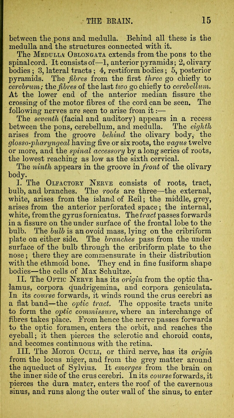 between the,pons and mednlla. Behind all these is the medulla and the structures connected with it. The Medulla Oblongata extends from the pons to the spinal cord. It consists of—1, anterior pyramids; 2, olivary bodies ; 3, lateral tracts ; 4, restiform bodies; 5, posterior pyramids. The fibres from the first three go chiefly to cerebrum; the fibres of the last two go chiefly to cerebellum. At the lower end of the anterior median fissure the crossing of the motor fibres of the cord can be seen. The following nerves are seen to arise from it:— The seventh (facial and auditory) appears in a recess between the pons, cerebellum, and medulla. The eighth arises from the groove behind the olivary body, the glosso-pharyngeal having five or six roots, the vagus twelve or more, and the spinal accessory by along series of roots, the lowest reaching as low as the sixth cervical. The ninth appears in the groove in front of the olivary body. I. The Oleactory Nerve consists of roots, tract, bulb, and branches. The roots are three—the external, white, arises from the island of Beil; the middle, grey, arises from the anterior perforated space; the internal, white, from the gyrus fornicatus. The tract passes forwards in a fissure on the under surface of the frontal lobe to the bulb. The bulb is an ovoid mass, lying on the cribriform plate on either side. The branches pass from the under surface of the bulb through the cribriform plate to the nose; there they are commensurate in their distribution with the ethmoid bone. They end in fine fusiform shape bodies—the cells of Max Schultze. II. The Optic Nerve has its origin from the optic tha- lamus, corpora c[uadrigemina, and corpora geniculata. In its course forwards, it winds round the crus cerebri as a flat band—the optic tract. The opposite tracts unite to form the optic commissure, where an interchange of fibres takes place. From hence the nerve passes forwards to the optic foramen, enters the orbit, and reaches the eyeball; it then pierces the sclerotic and choroid coats, and becomes continuous with, the retina. III. The Motor Oculi, or third nerve, has its origin from the locus niger, and from the grey matter around the aqueduct of Sylvius. It emerges from the brain on the inner side of the crus cerebri. In its course forwards, it pierces the dura mater, enters the roof of the cavernous sinus, and runs along the outer wall of the sinus, to enter