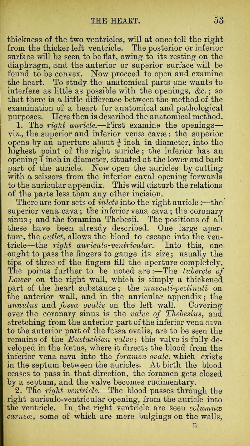 thickness of the two ventricles, will at once tell the right from the thicker left ventricle. The posterior or inferior surface will be seen to be flat, owing to its resting on the diaphragm, and the anterior or superior surface will be found to be convex. Now proceed to open and examine the heart. To study the anatomical parts one wants to interfere as little as possible with the openings, &c.; so that there is a little difference between the method of the examination of a heart for anatomical and pathological purposes. Here then is described the anatomical method. 1. The right auricle,—First examine the openings— viz., the superior and inferior venae cavae: the superior opens by an aperture about f inch in diameter, into the highest point of the right auricle ; the inferior has an opening 1 inch in diameter, situated at the lower and back part of the auricle. Now open the auricles by cutting with a scissors from the inferior caval opening forwards to the auricular appendix. This will disturb the relations of the parts less than any other incision. There are four sets of inlets into the right auricle :—the' superior vena cava; the inferior vena cava ; the coronary sinus ; and the foramina Thebesii. The positions of all these have been already described. One large aper- ture, the outlet, allows the blood to escape into the ven- tricle—the right auriculo-ventricular. Into this, one ought to pass the fingers to gauge its size; usually the tips of three of the fingers fill the aperture completely. The points further to be noted are:—The tubercle of Lower on the right wall, which is simply a thickened part of the heart substance ; the musculi-pectinati on the anterior wall, and in the auricular appendix; the annulus and fossa ovalis on the left wall. Covering over the coronary sinus is the valve of Thehesius, and stretching from the anterior part of the inferior vena cava to the anterior part of the fossa ovalis, are to be seen the remains of the Eustachian valve; this valve is fully de- veloped in the foetus, where it directs the blood from the inferior vena cava into the foramen ovale, which exists in the septum between the auricles. At birth the blood ceases to pass in that direction, the foramen gets closed by a septum, and the valve becomes rudimentary. 2. The right ventricle.—The blood passes through the right auriculo-ventricular opening, from the auricle into the ventricle. In the right ventricle are seen columnce carnece, some of which are mere bulgings on the walls, E